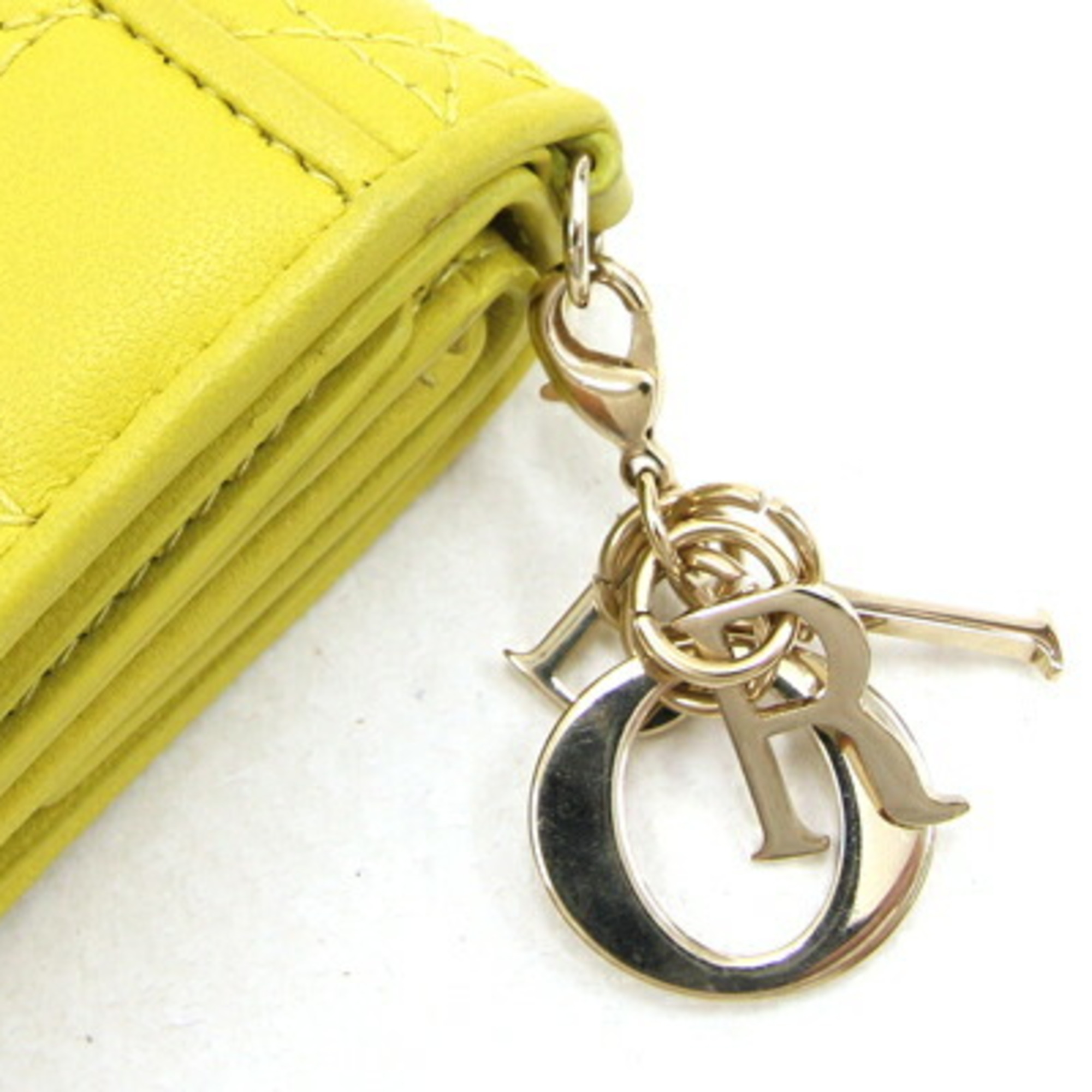 Christian Dior Dior Tri-fold Wallet Lady Lotus S0181ONMJ Yellow Leather Compact Small Cannage Women's