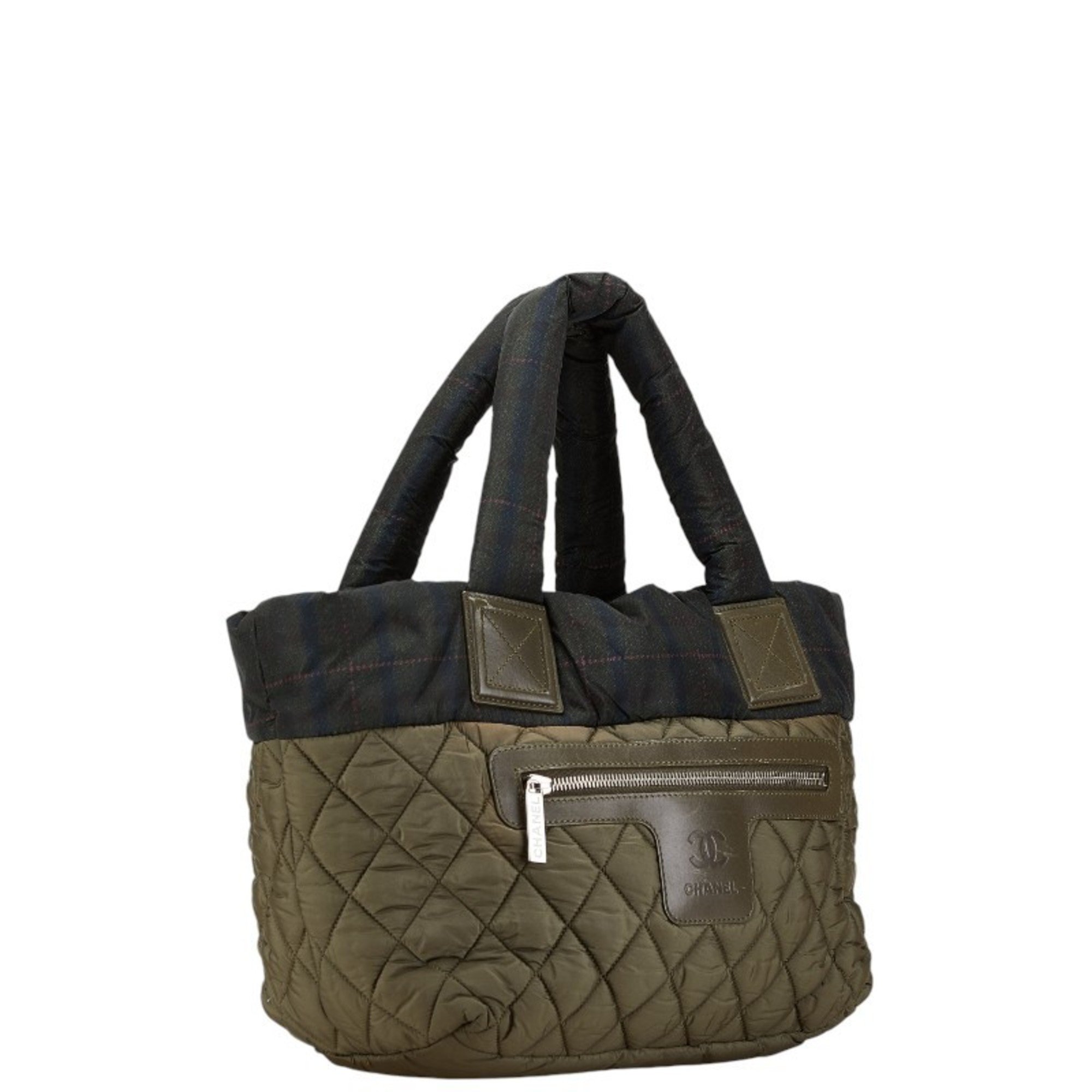 Chanel Check Quilted Coco Cocoon PM Reversible Handbag Tote Bag 8610 Khaki Green Nylon Leather Women's CHANEL