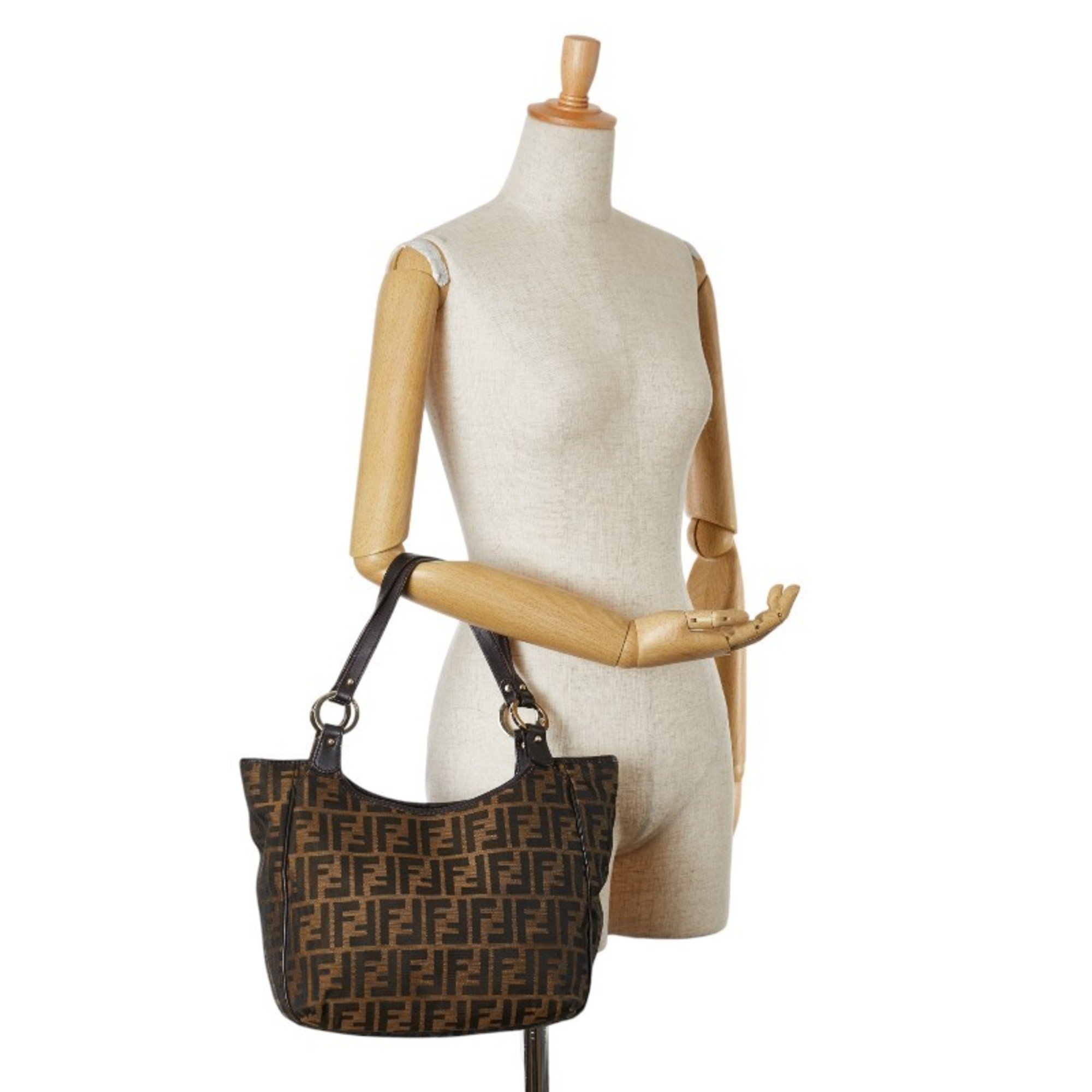 FENDI ZUCCA Handbag Brown Canvas Leather Women's