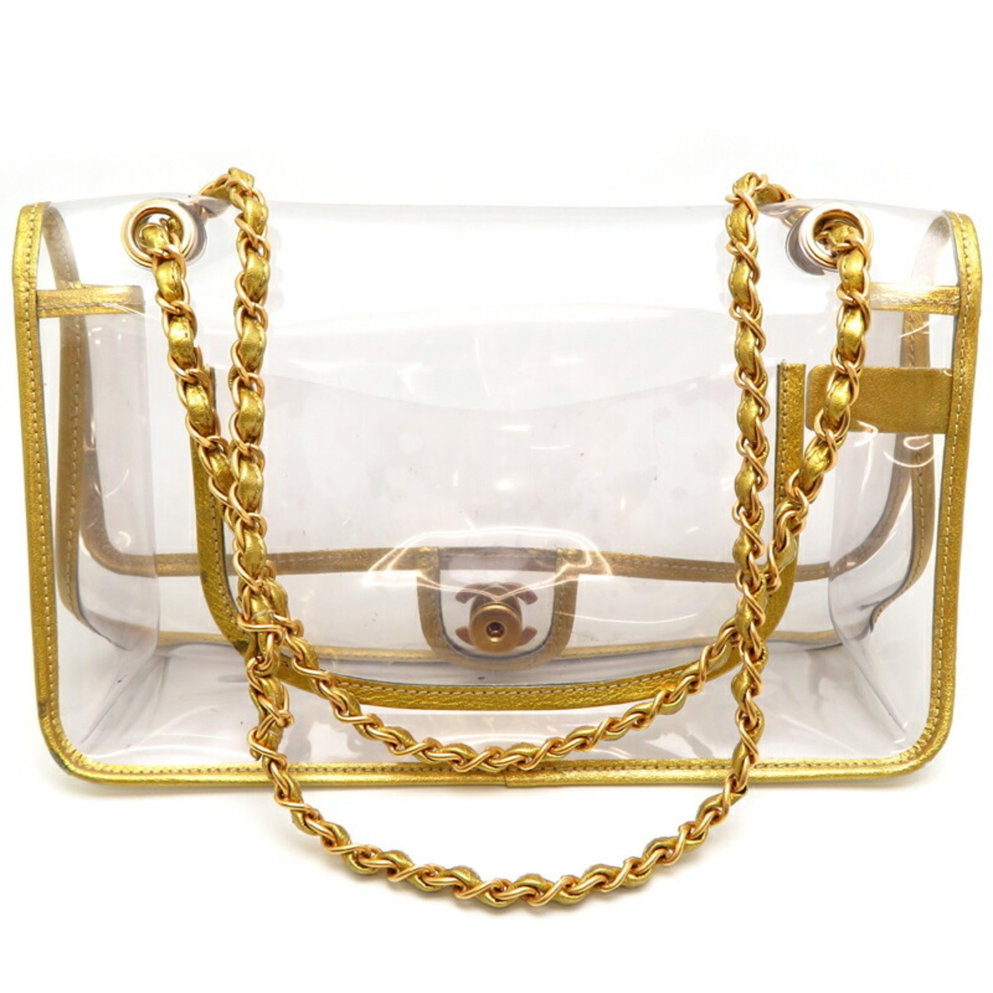 Chanel sticker attached clear chain ladies shoulder bag vinyl gold