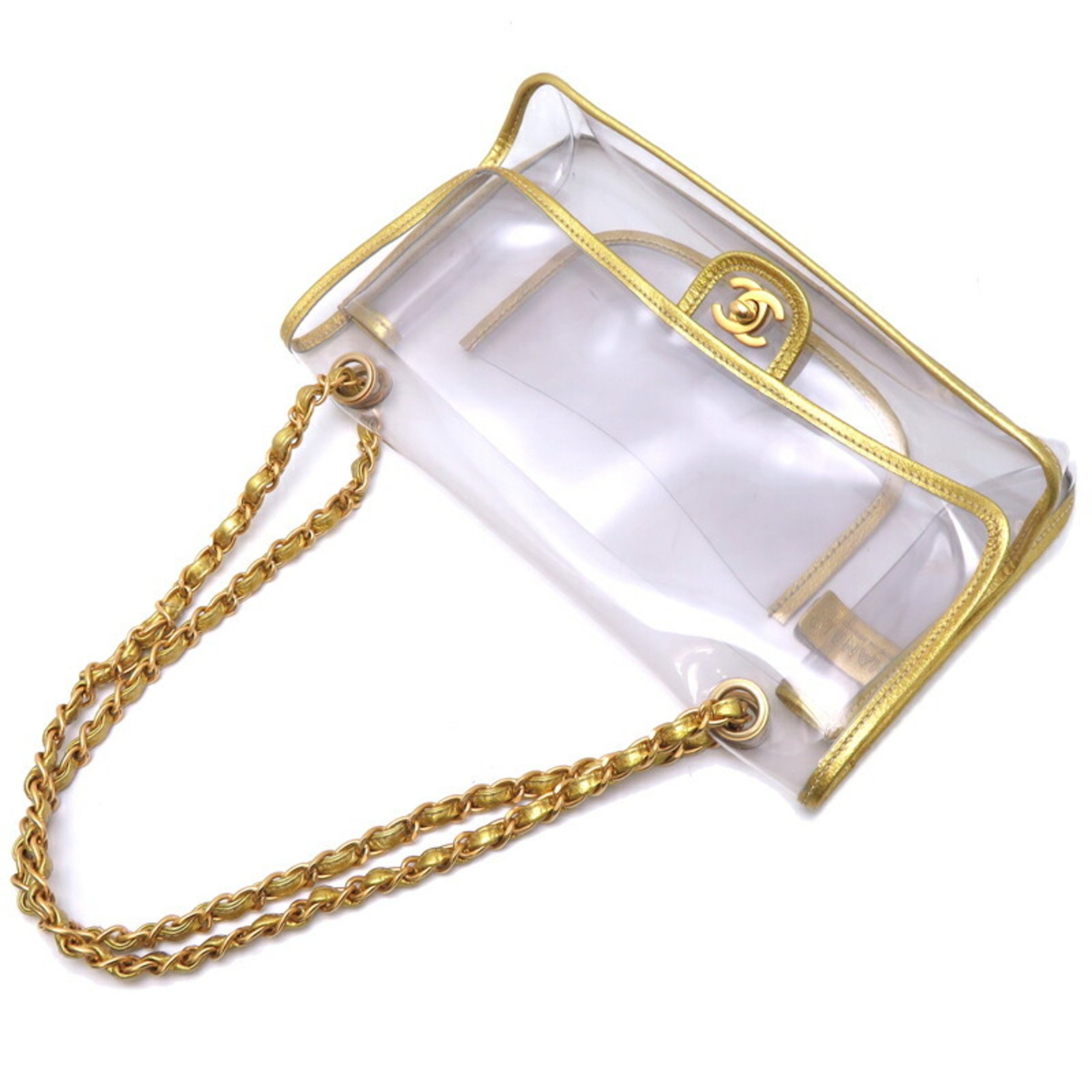 Chanel sticker attached clear chain ladies shoulder bag vinyl gold