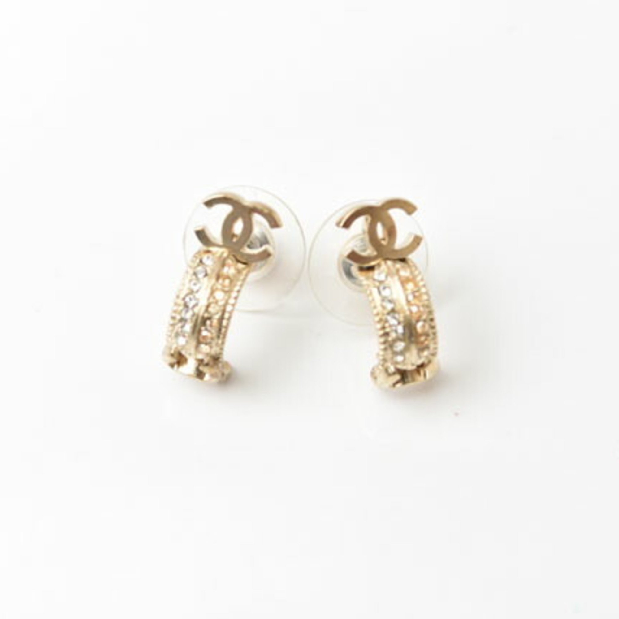 CHANEL Earrings Double CC Mark Rhinestone Gold Silver