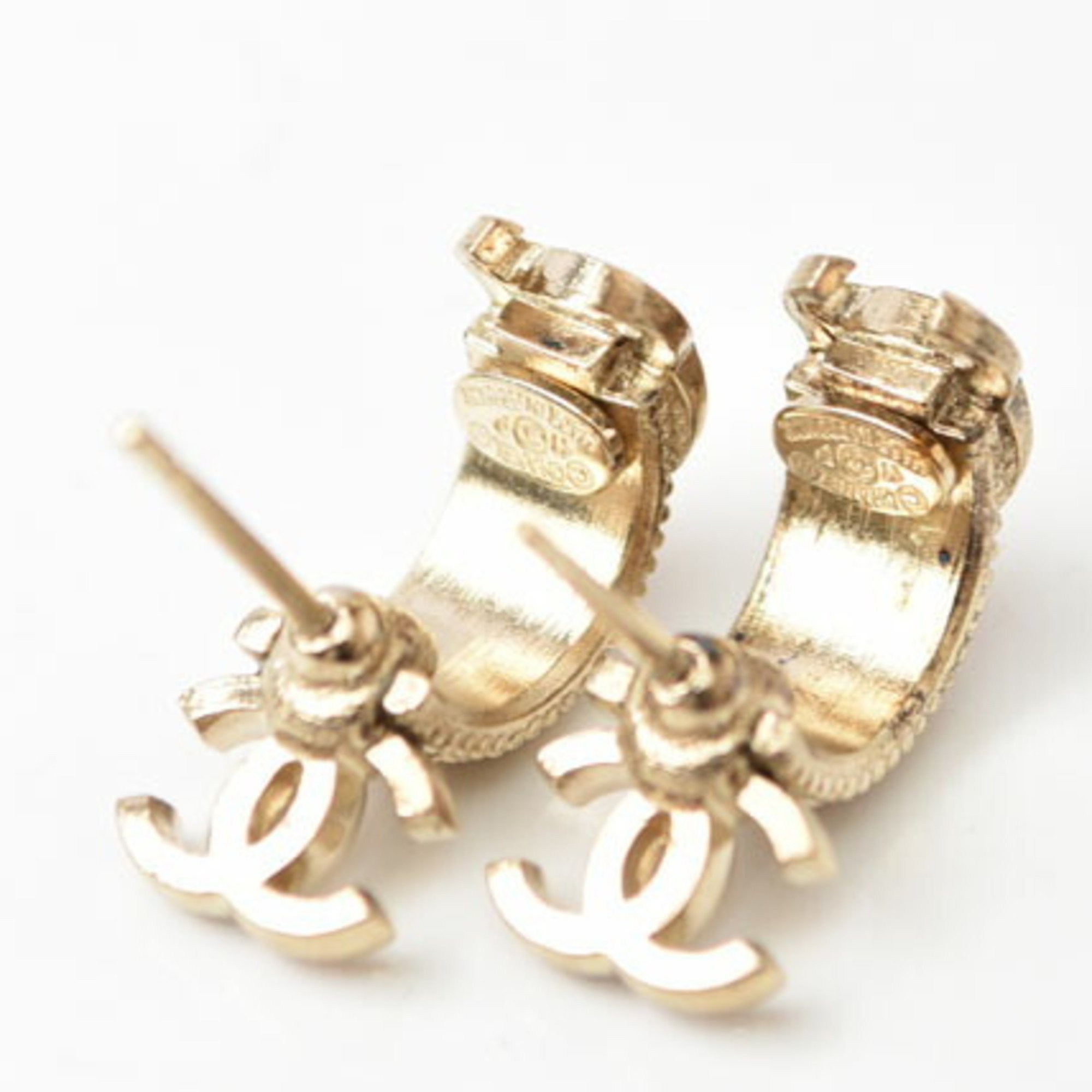 CHANEL Earrings Double CC Mark Rhinestone Gold Silver