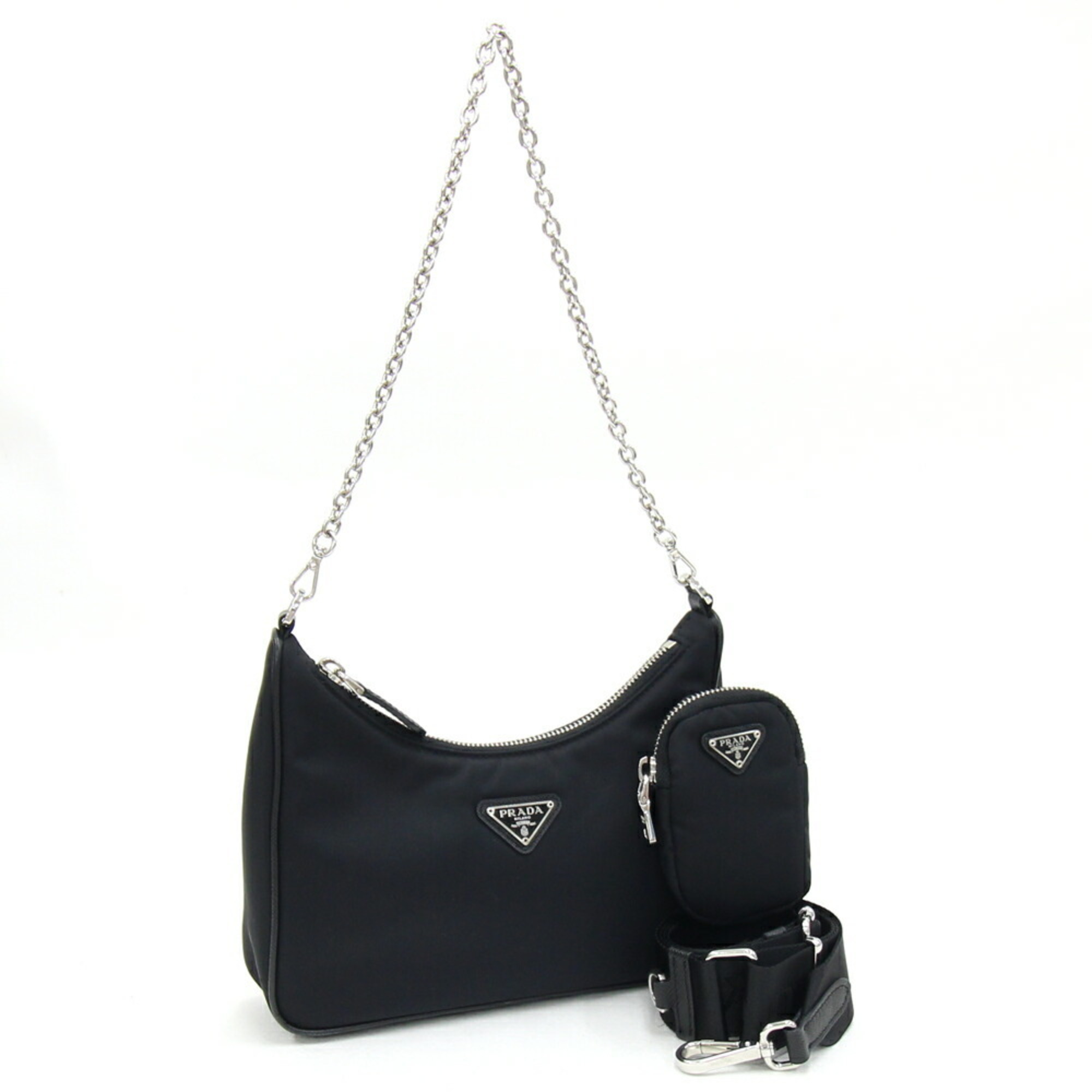 Prada Shoulder Bag 1BH204 Black Nylon Leather Pochette Chain Women's PRADA