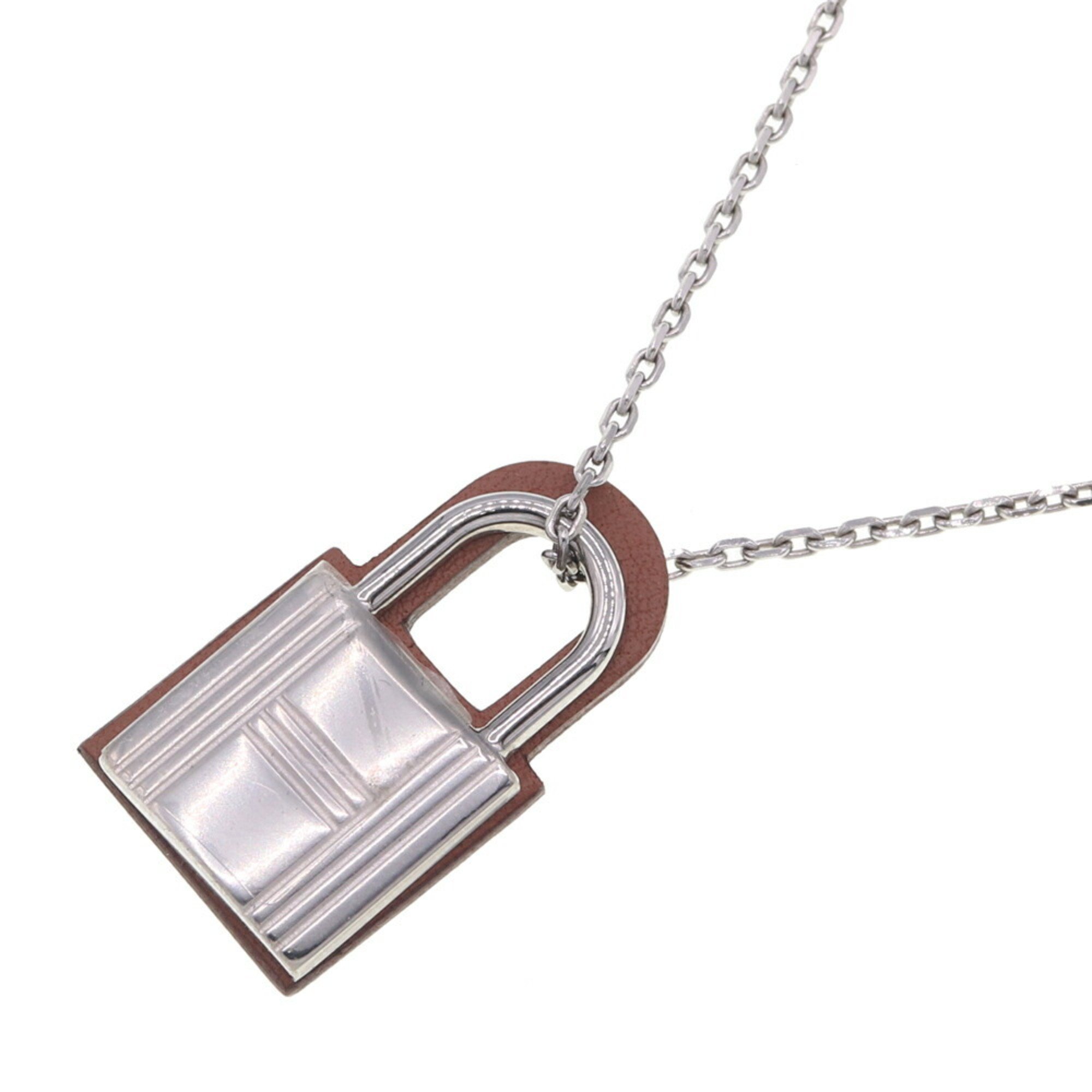 Hermes Necklace O'Kelly Silver Metal Gold Swift Leather Z Stamp Pendant Padlock Women's HERMES