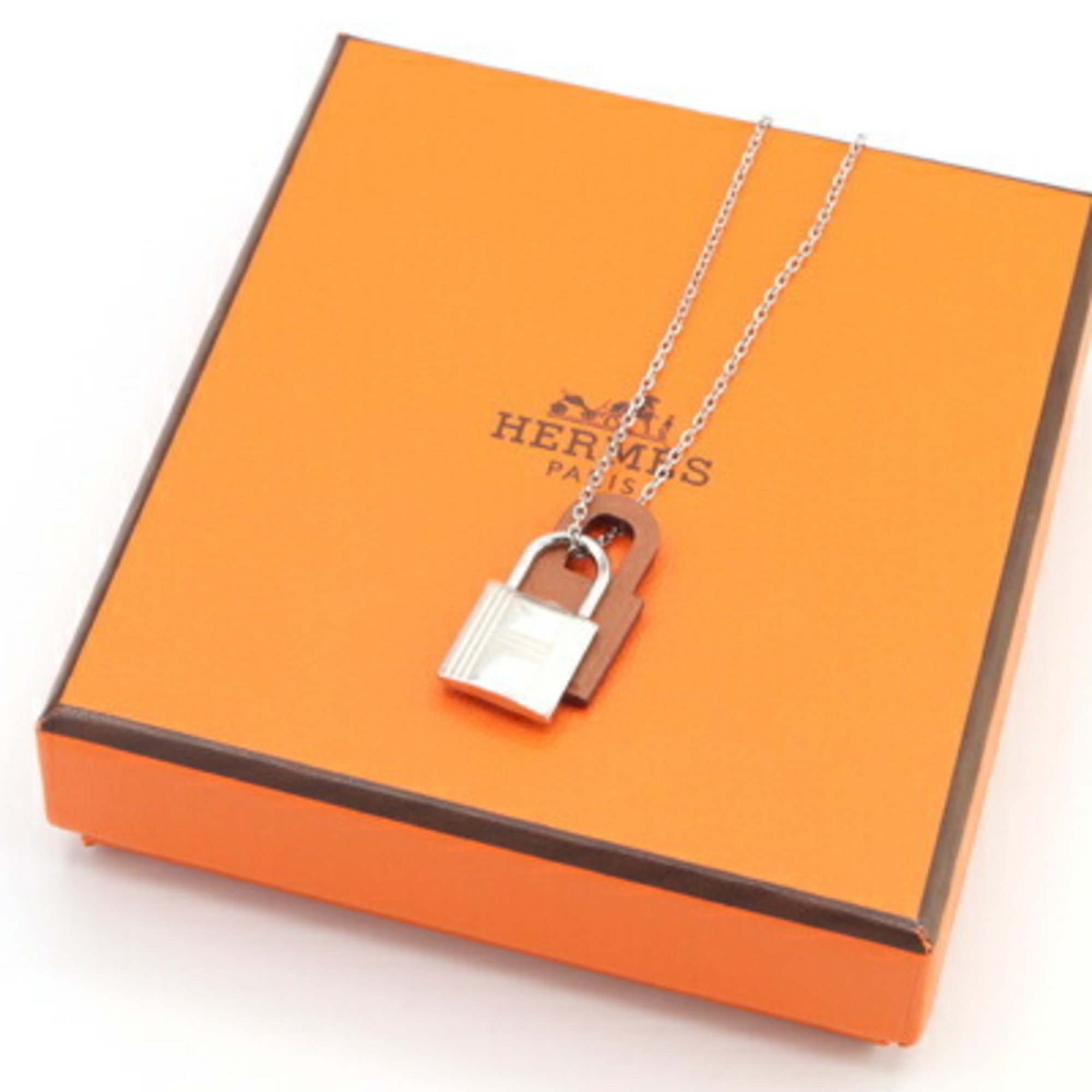 Hermes Necklace O'Kelly Silver Metal Gold Swift Leather Z Stamp Pendant Padlock Women's HERMES