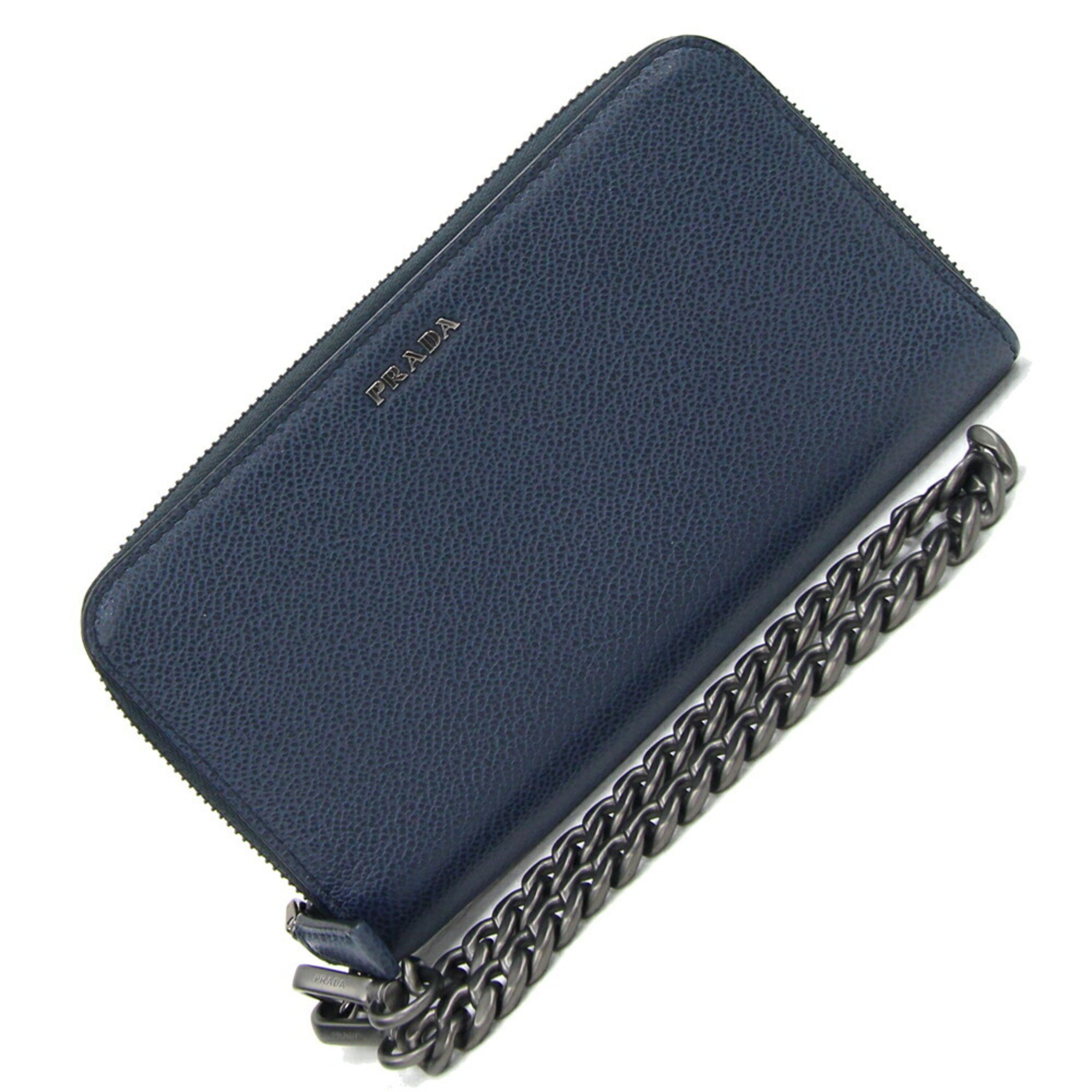 Prada Round Long Wallet 2ML019 Navy Leather Men's PRADA