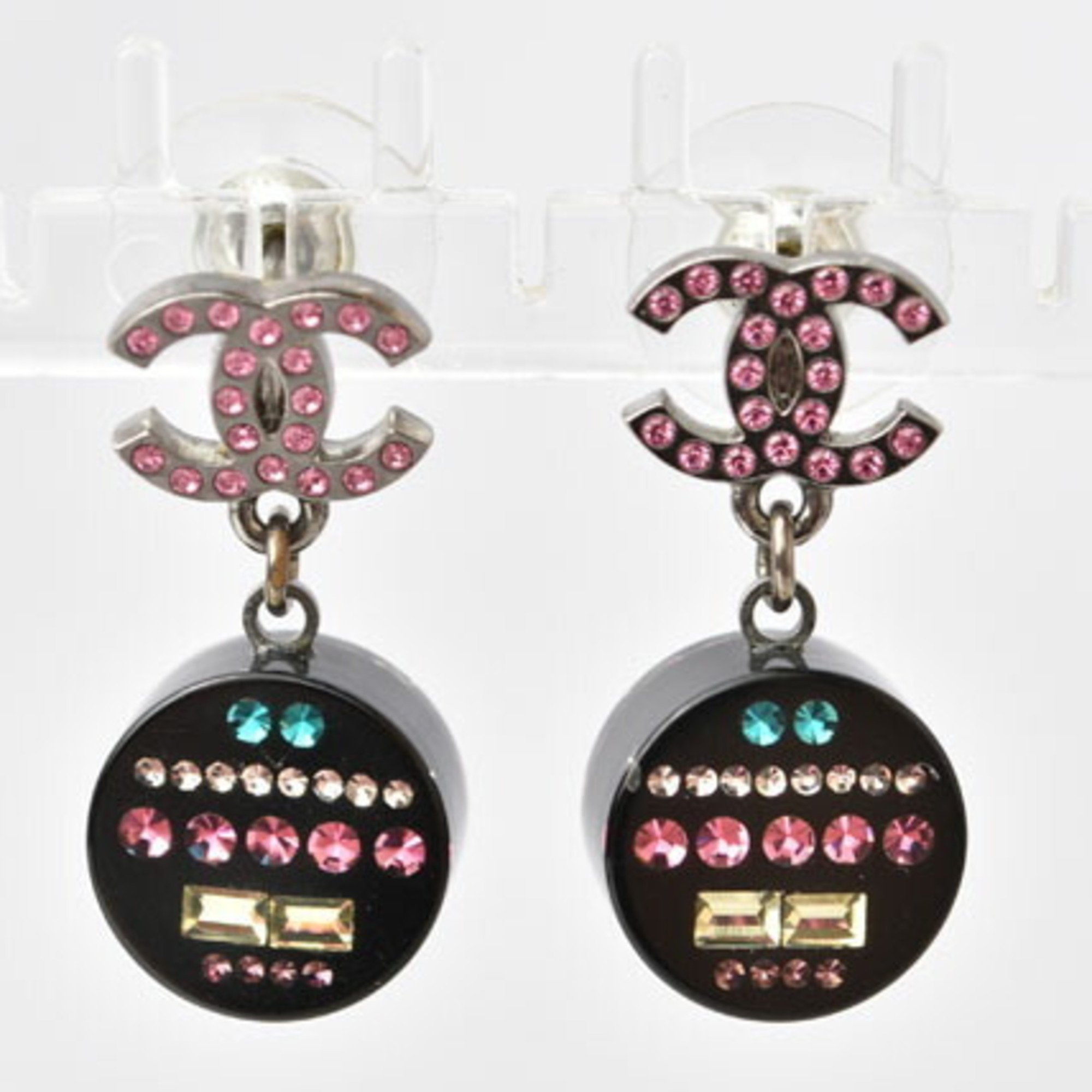 Chanel Earrings CHANEL CC Coco Mark Circle Rhinestone Multicolor Rose Black