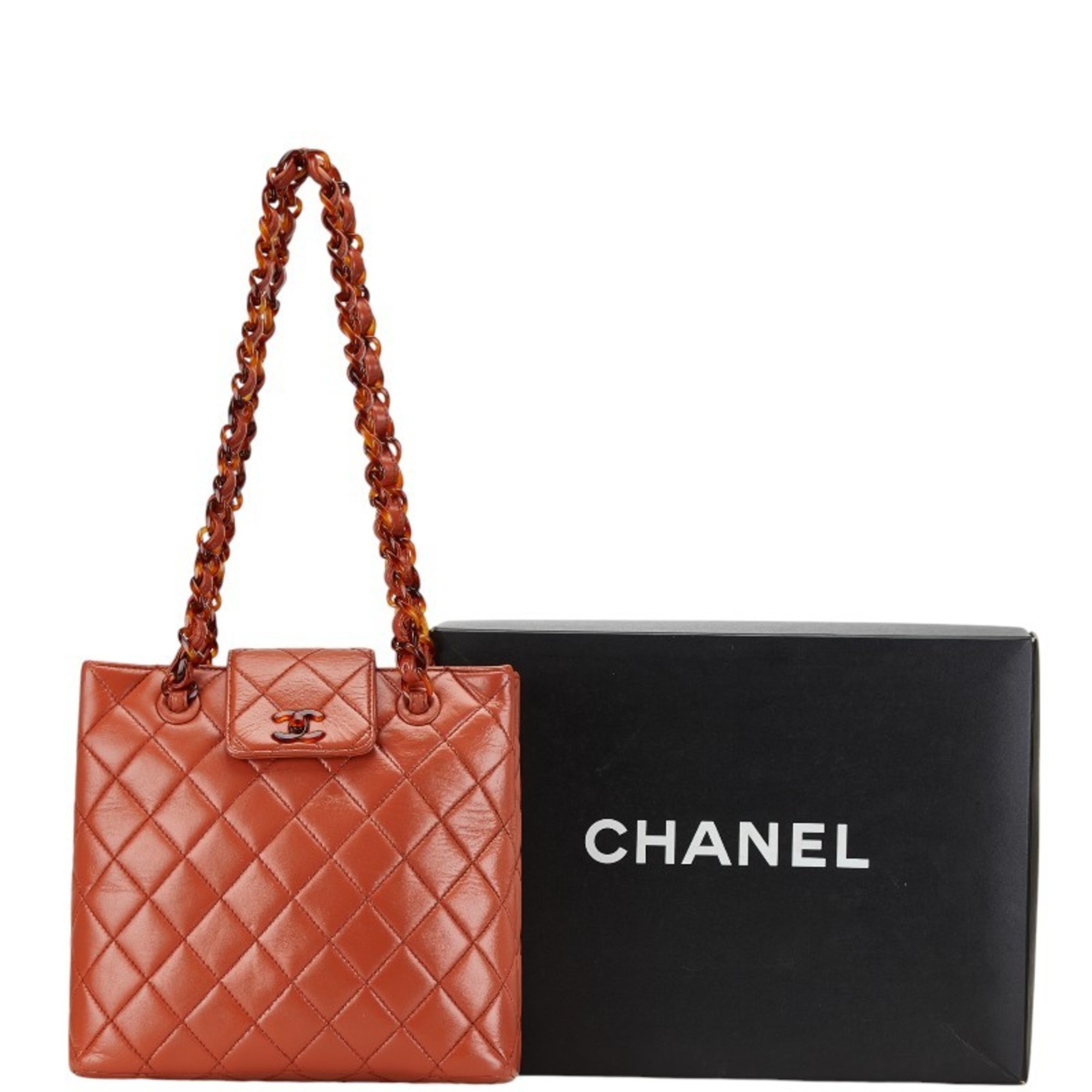 Chanel Matelasse Coco Mark Plastic Chain Shoulder Bag Orange Brown Lambskin Women's CHANEL