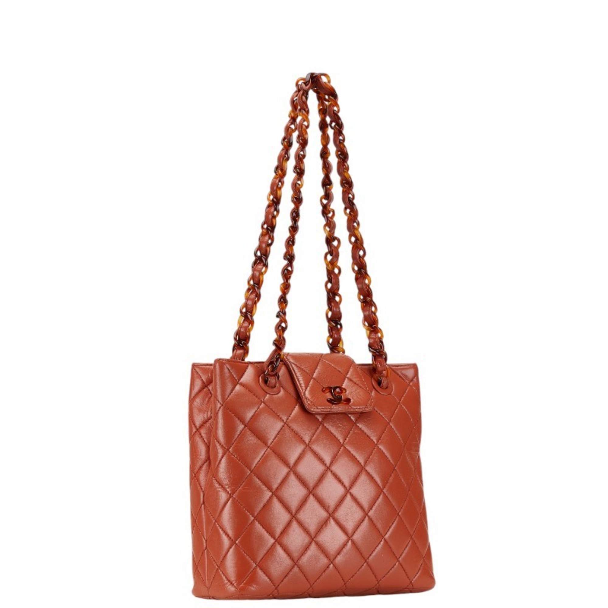 Chanel Matelasse Coco Mark Plastic Chain Shoulder Bag Orange Brown Lambskin Women's CHANEL