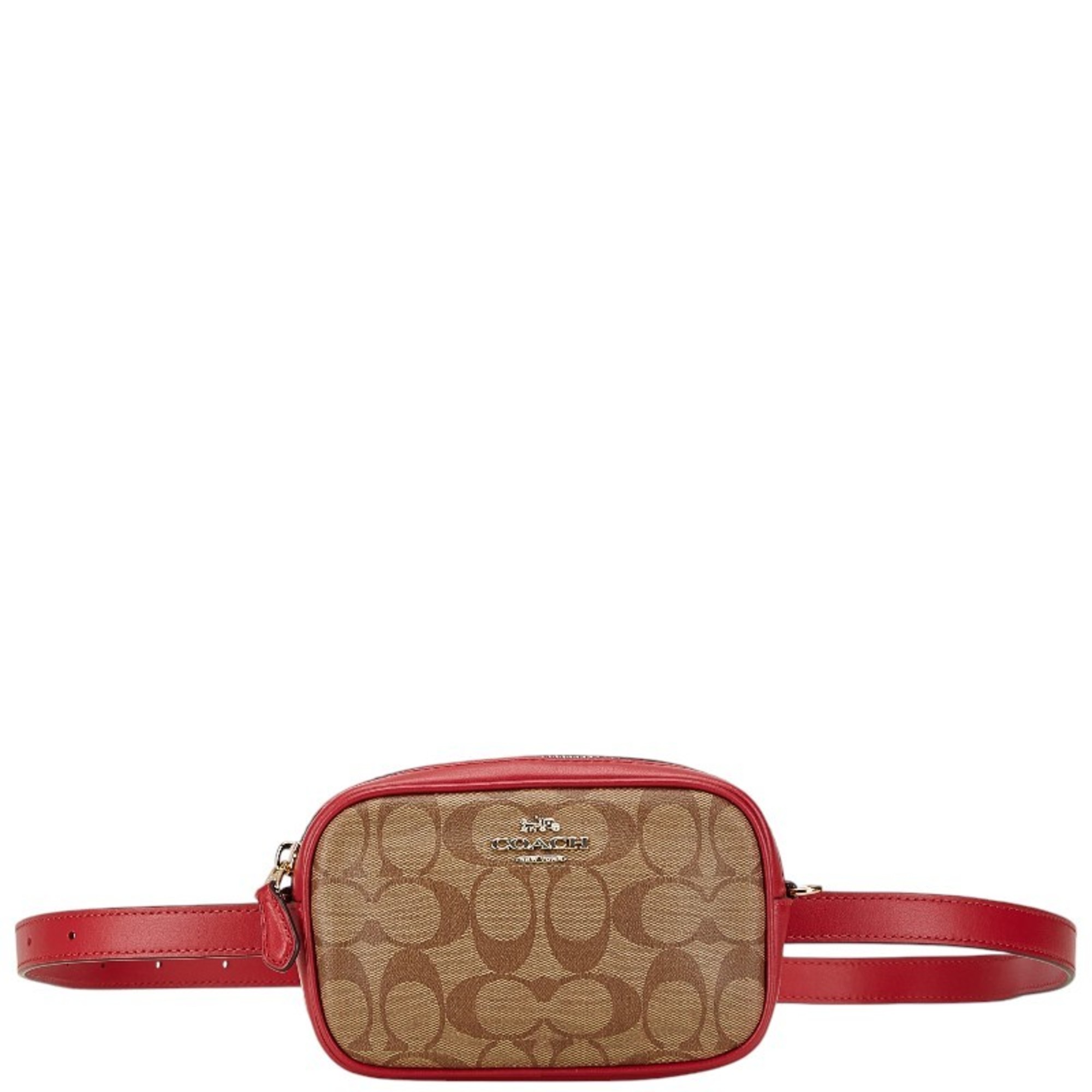 Coach Signature Clutch Waist Bag Shoulder F39657 Red Brown Leather Women's COACH