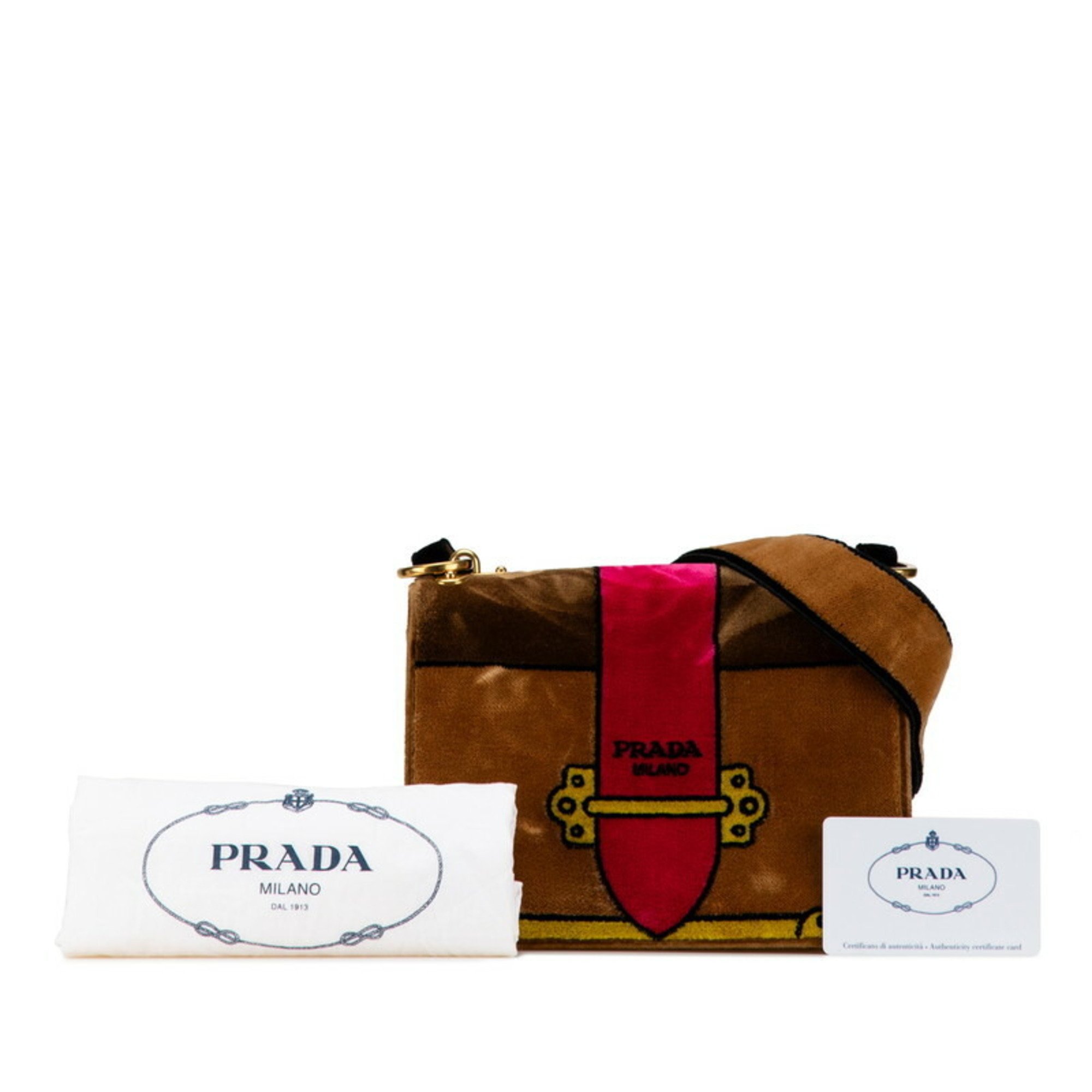 Prada Cahier Buckle Motif Shoulder Bag Brown Black Multicolor Velour Women's PRADA