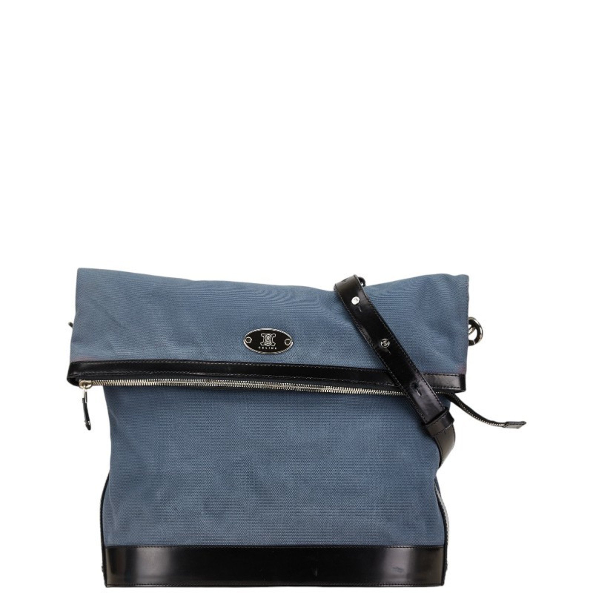 Celine Triomphe Shoulder Bag Blue Black Canvas Leather Women's CELINE