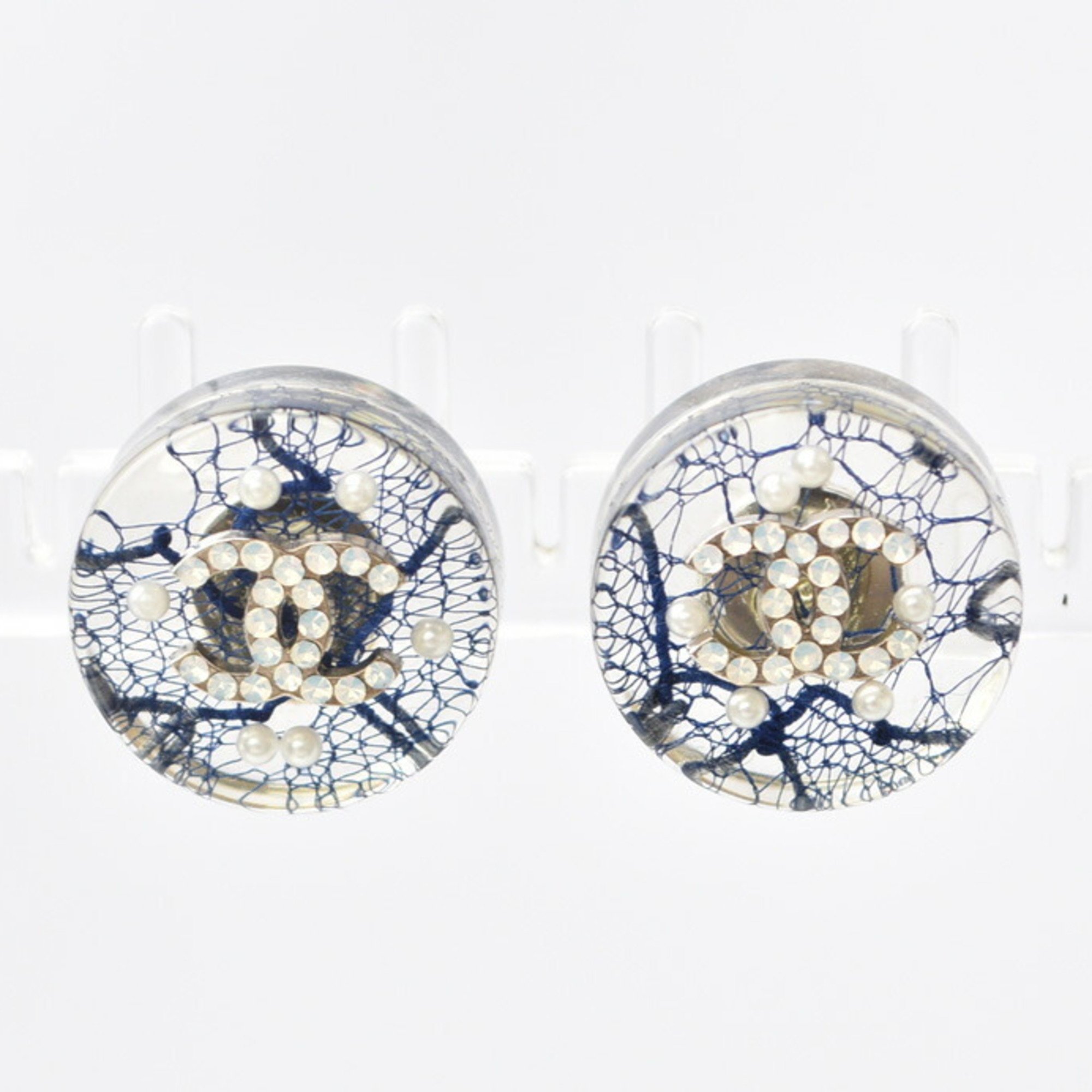 Chanel Earrings CHANEL CC Coco Mark Circle Rhinestone Pearl Motif Clear Blue