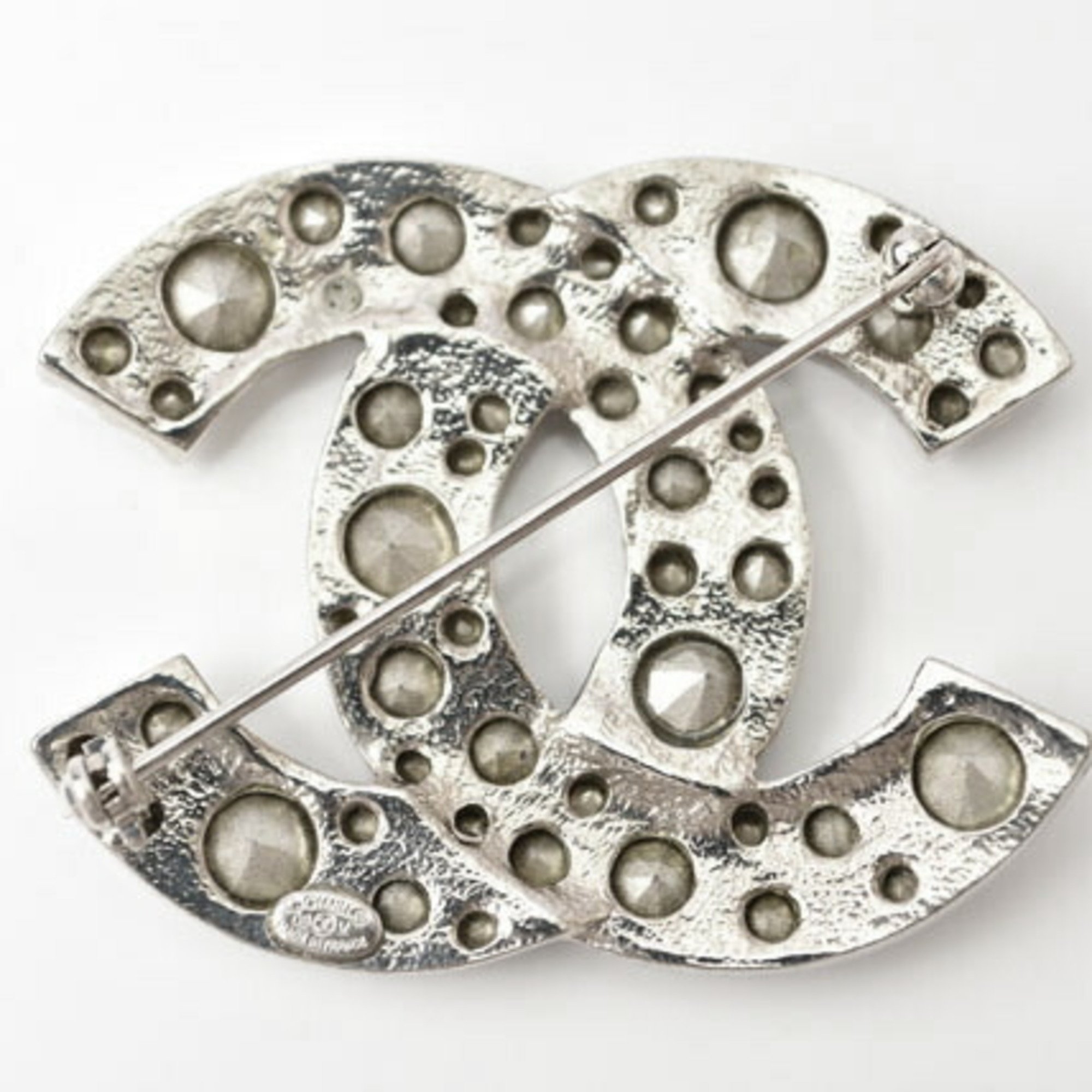 CHANEL Brooch Pin Coco Mark Rhinestone Silver