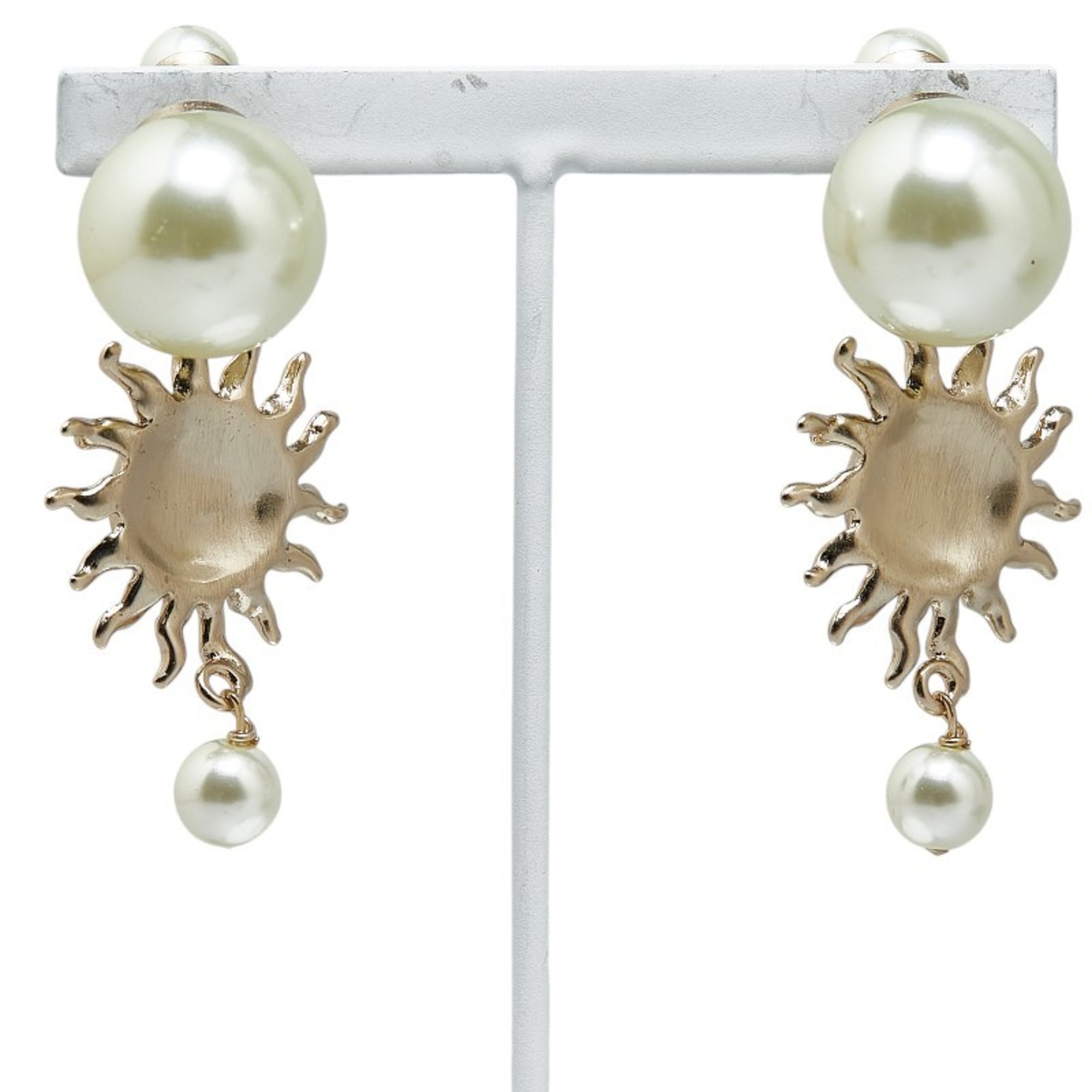 Christian Dior Dior rhinestone sun motif earrings set of 2, gold, fake pearl plated, women's