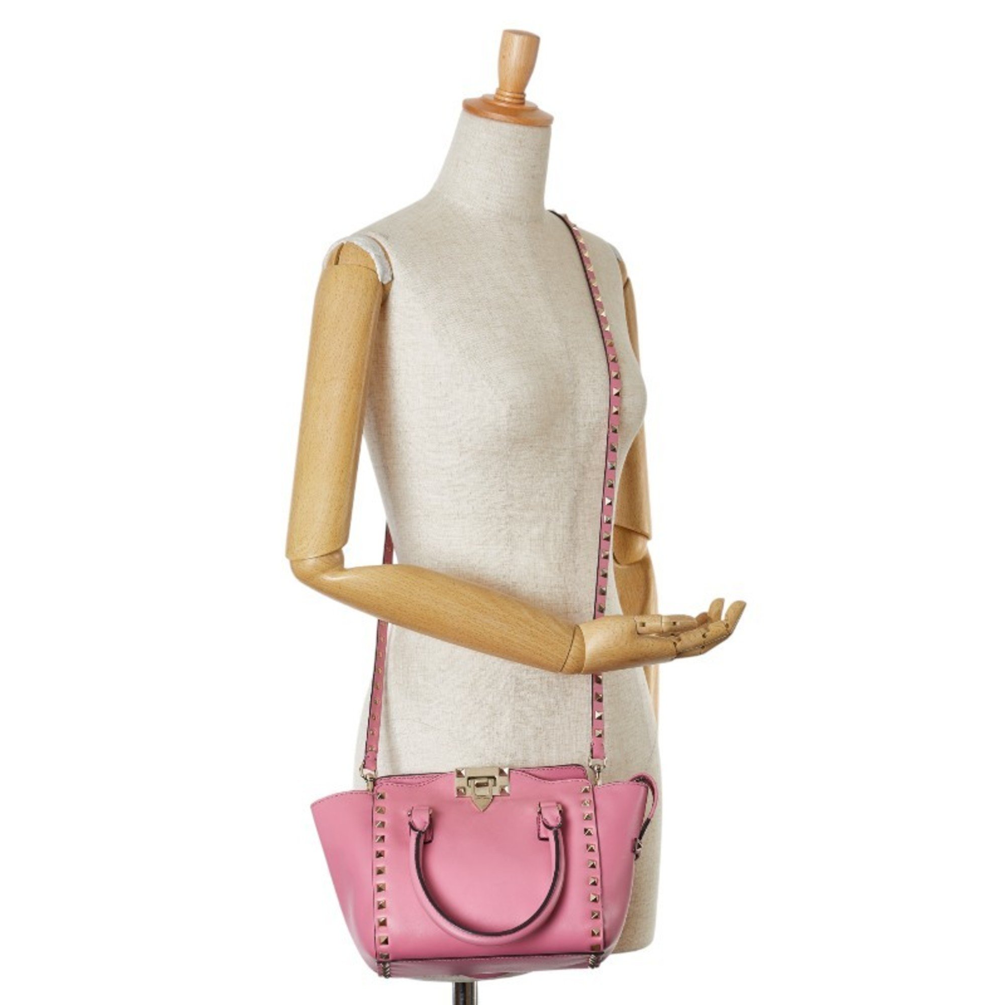 Valentino Rockstud Handbag Shoulder Bag Pink Leather Women's