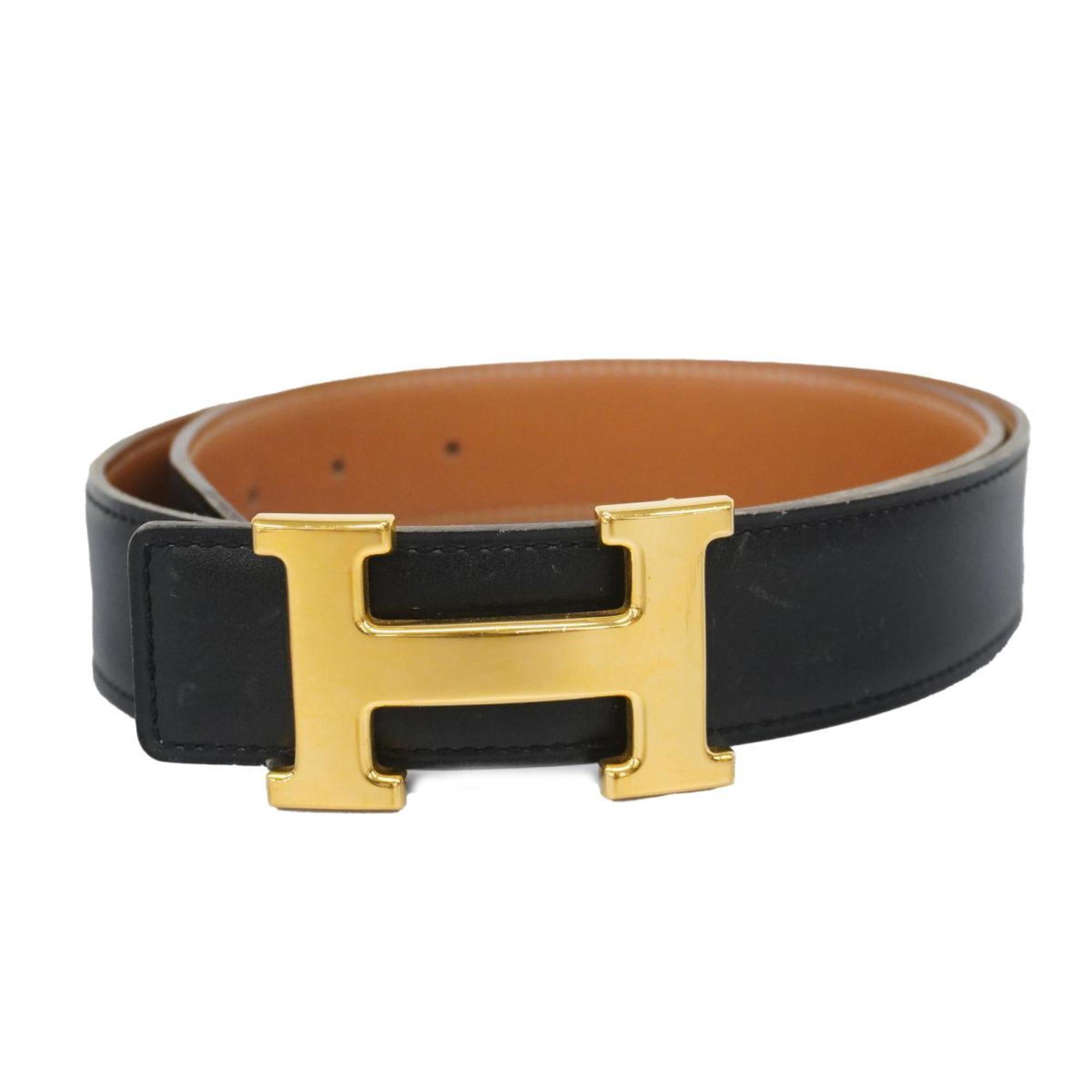 Hermes Belt Constance □B Stamped Cushvel Box Calf Gold Black Women's