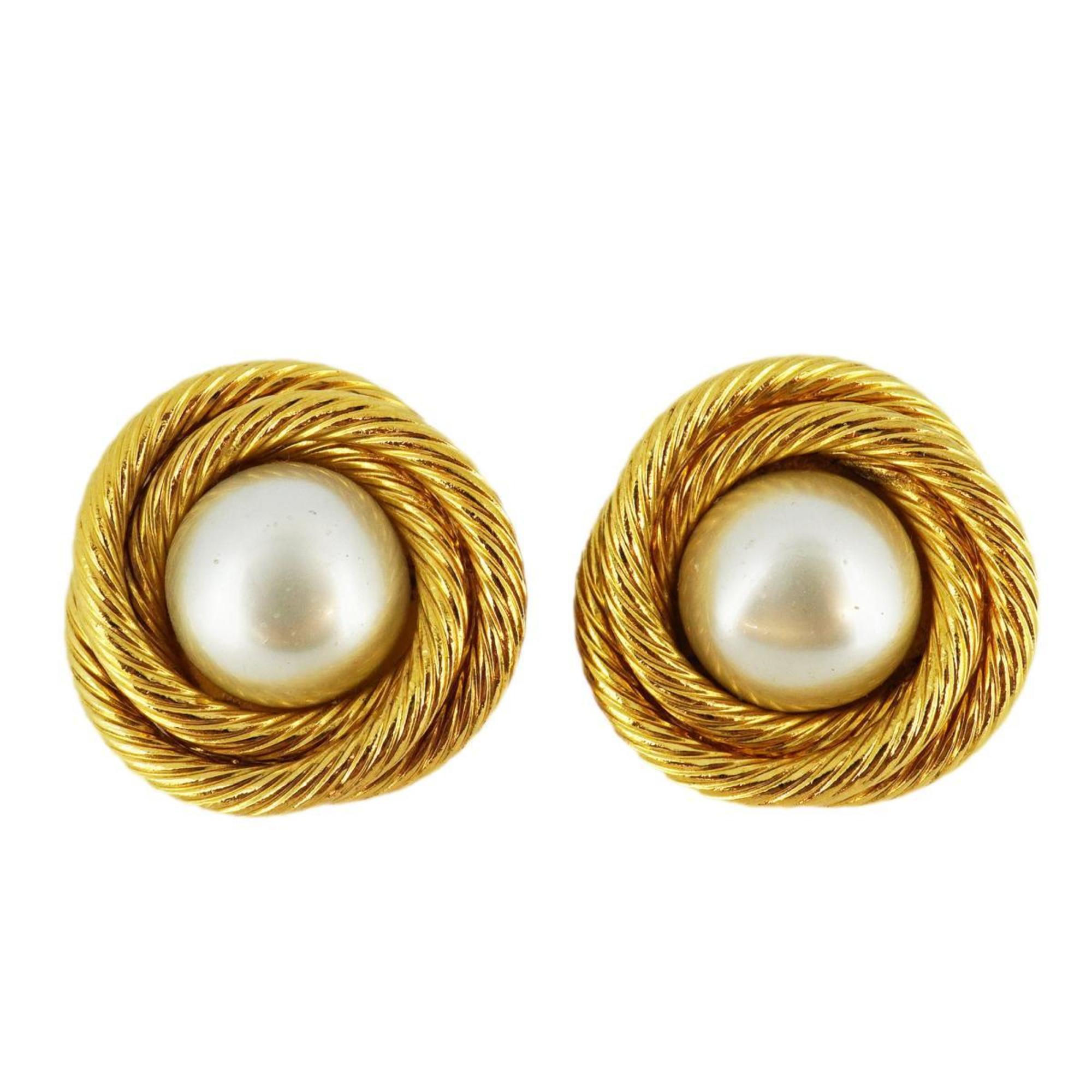 Chanel Earrings Circle Faux Pearl GP Plated Gold Women's