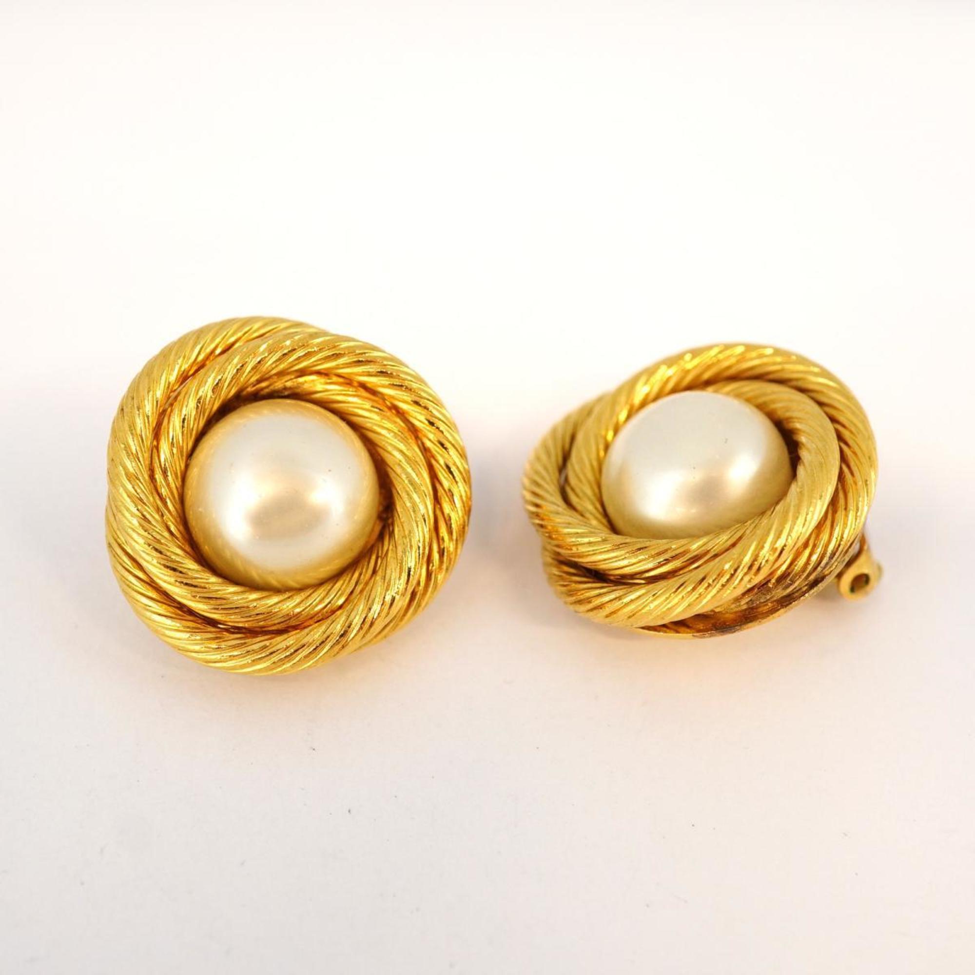 Chanel Earrings Circle Faux Pearl GP Plated Gold Women's