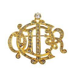 Christian Dior Brooch Emblem Rhinestone GP Plated Gold Women's