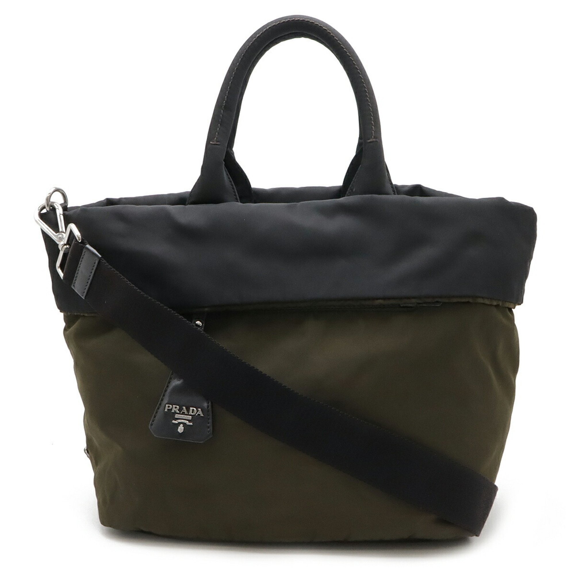 PRADA Prada Tote Bag Handbag Shoulder Reversible Bicolor Two-Tone Nylon Leather Khaki Black BN1959