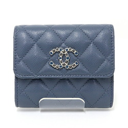 CHANEL Small Flap Wallet Caviar Skin Matelasse Tri-fold Blue Rhinestone Beads