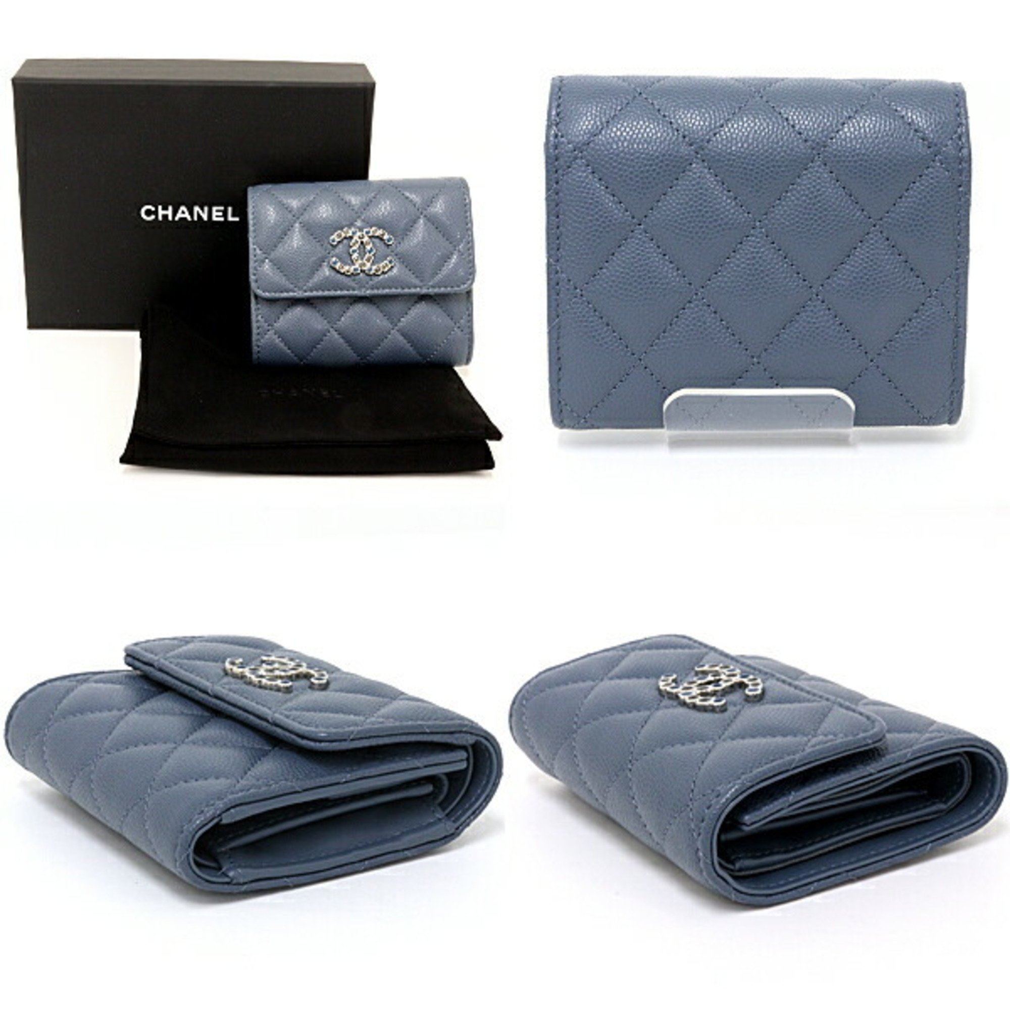 CHANEL Small Flap Wallet Caviar Skin Matelasse Tri-fold Blue Rhinestone Beads