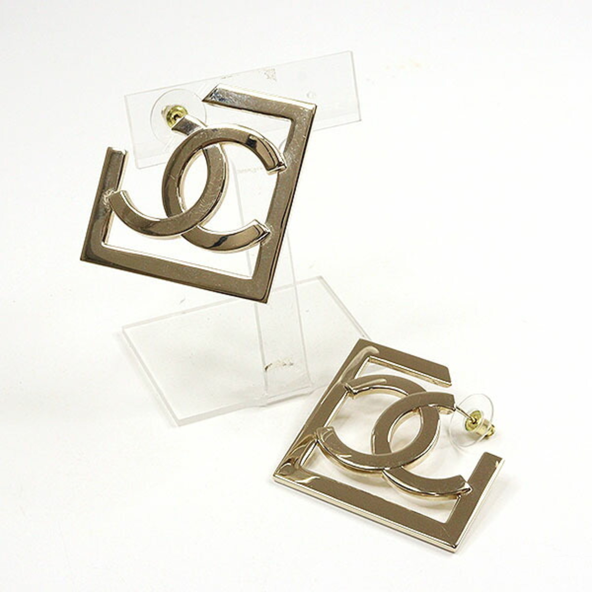 CHANEL Coco Mark Square Earrings Metal Gold Studs ABB739 A23B