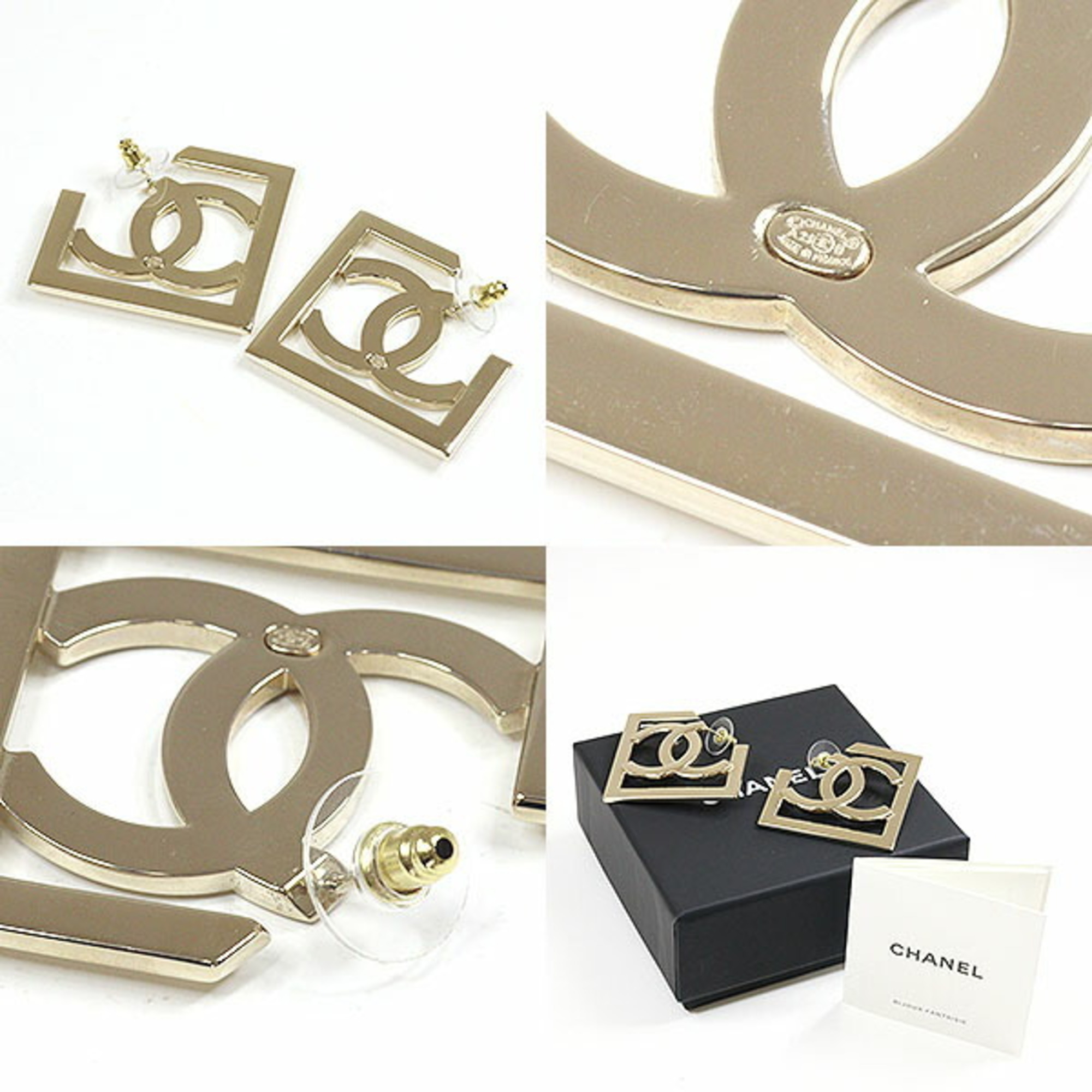 CHANEL Coco Mark Square Earrings Metal Gold Studs ABB739 A23B