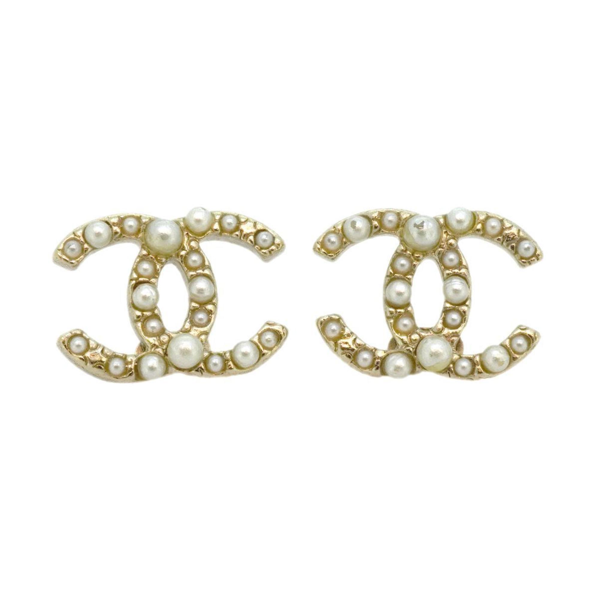 Chanel Earrings Coco Mark Fake Pearl GP Plated Champagne Gold A13S Women's