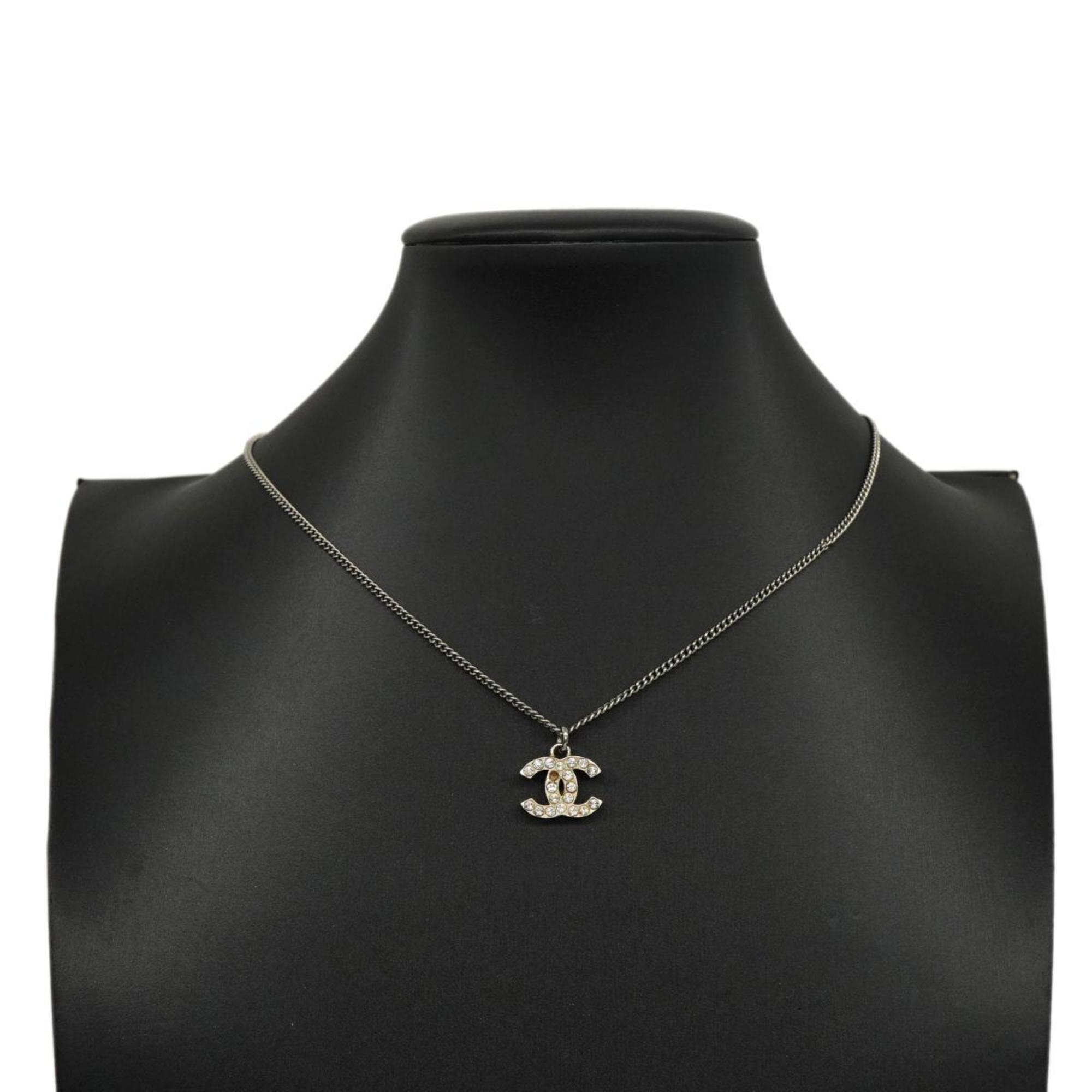 Chanel Necklace Coco Mark Rhinestone Metal Silver F13V Women's