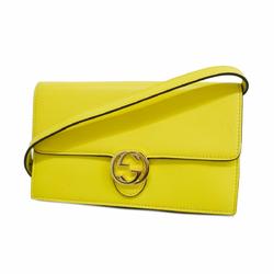 Gucci Shoulder Wallet Interlocking G Leather Pastel Lime Green Champagne Women's