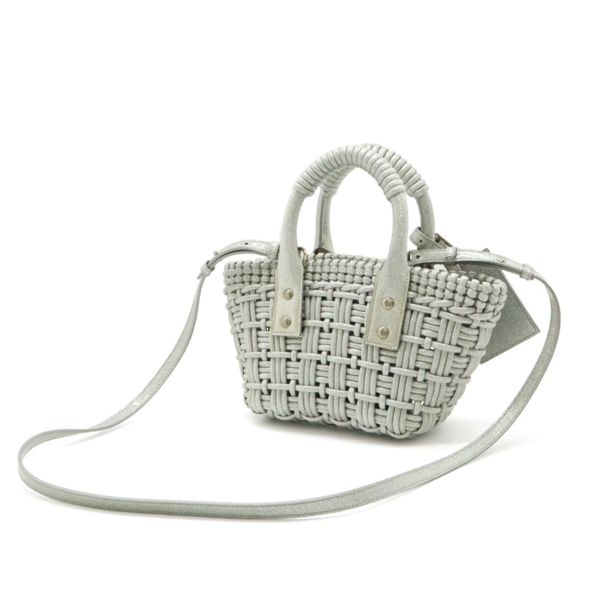 BALENCIAGA Bistro XXS Basket Handbag Shoulder Bag Vinyl Glitter Lame Silver 678028