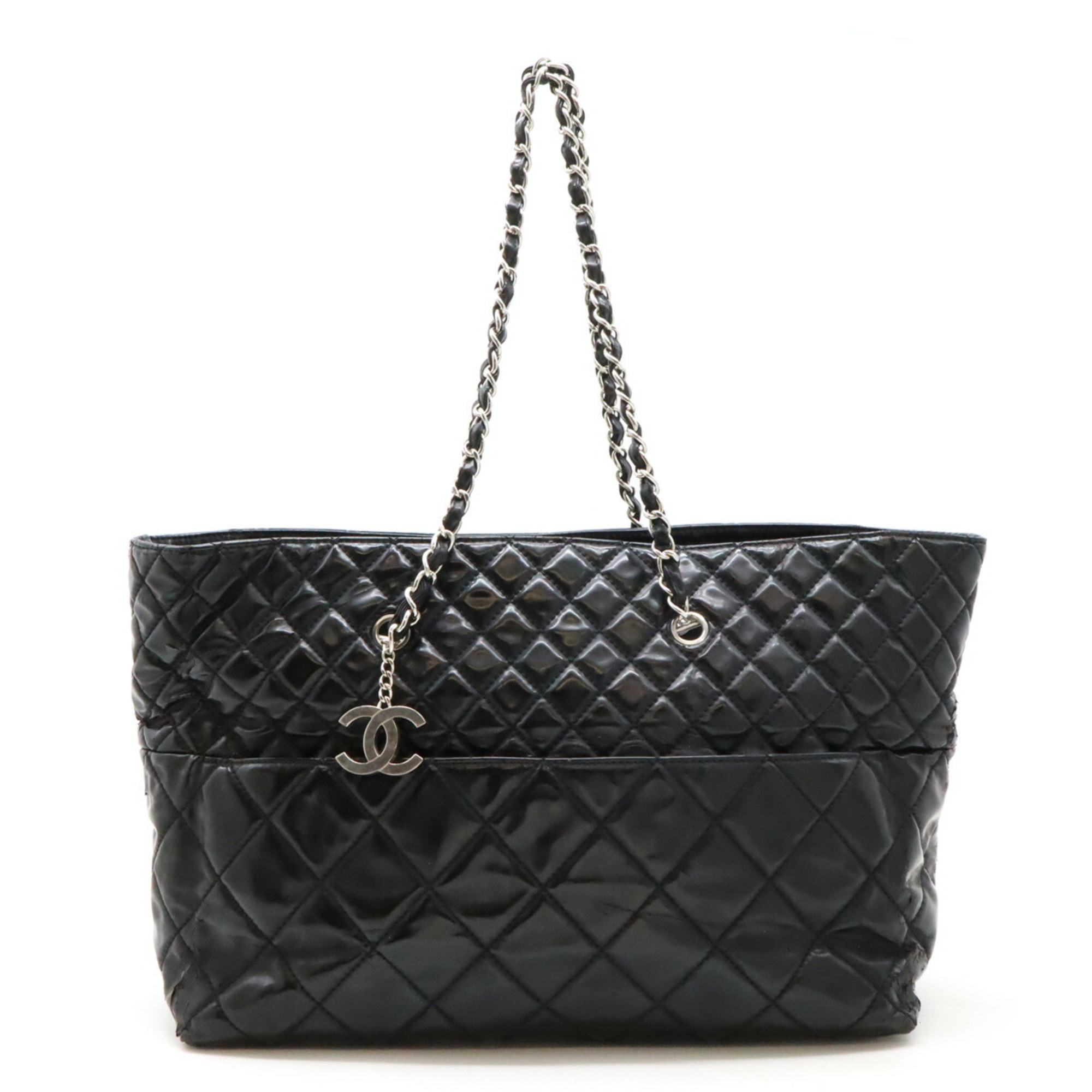 CHANEL Chanel Matelasse Chain Tote Bag Large Shoulder Patent Leather Black