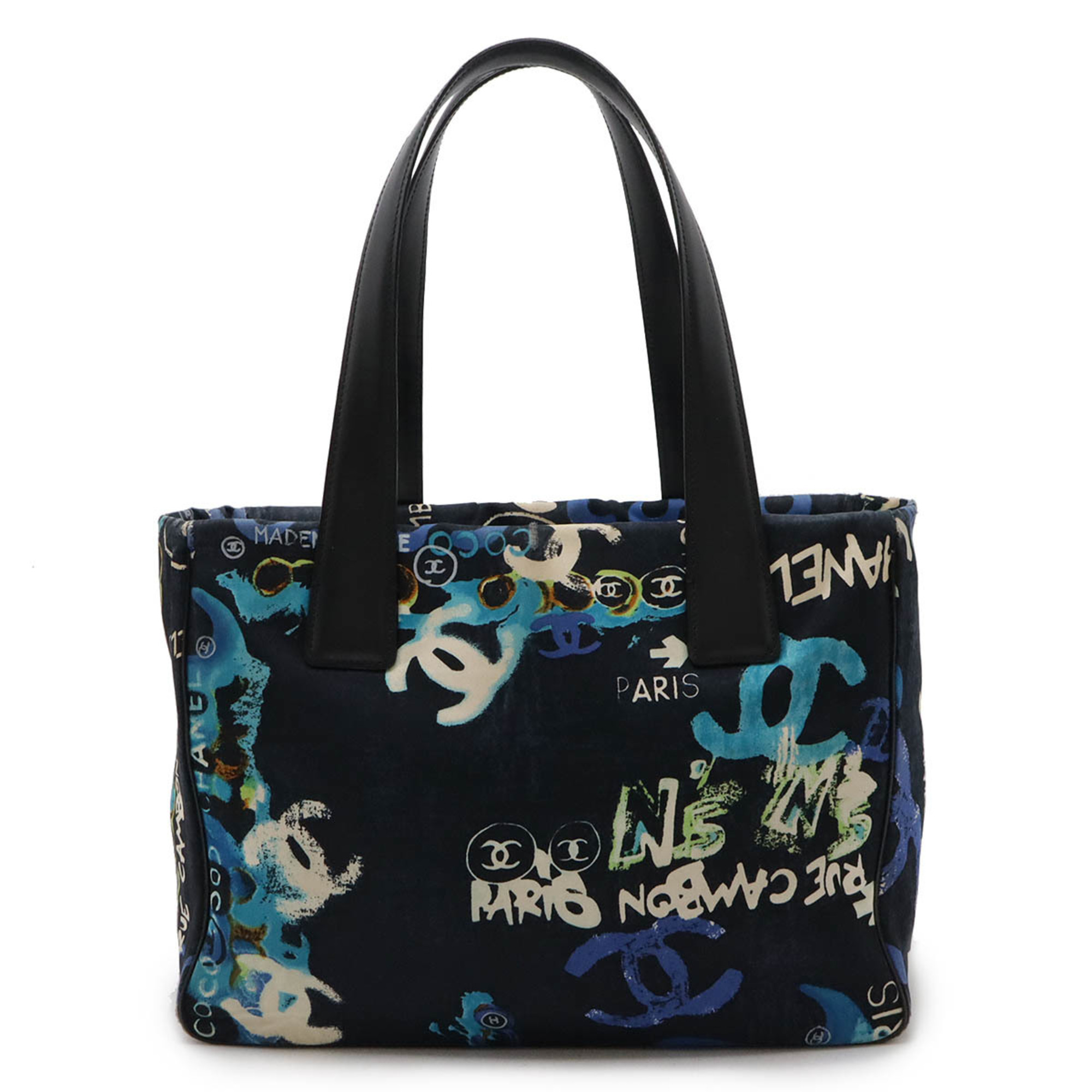 CHANEL New Travel Line Tote PM Bag Cotton Leather Black Blue Multi Hawaii Exclusive