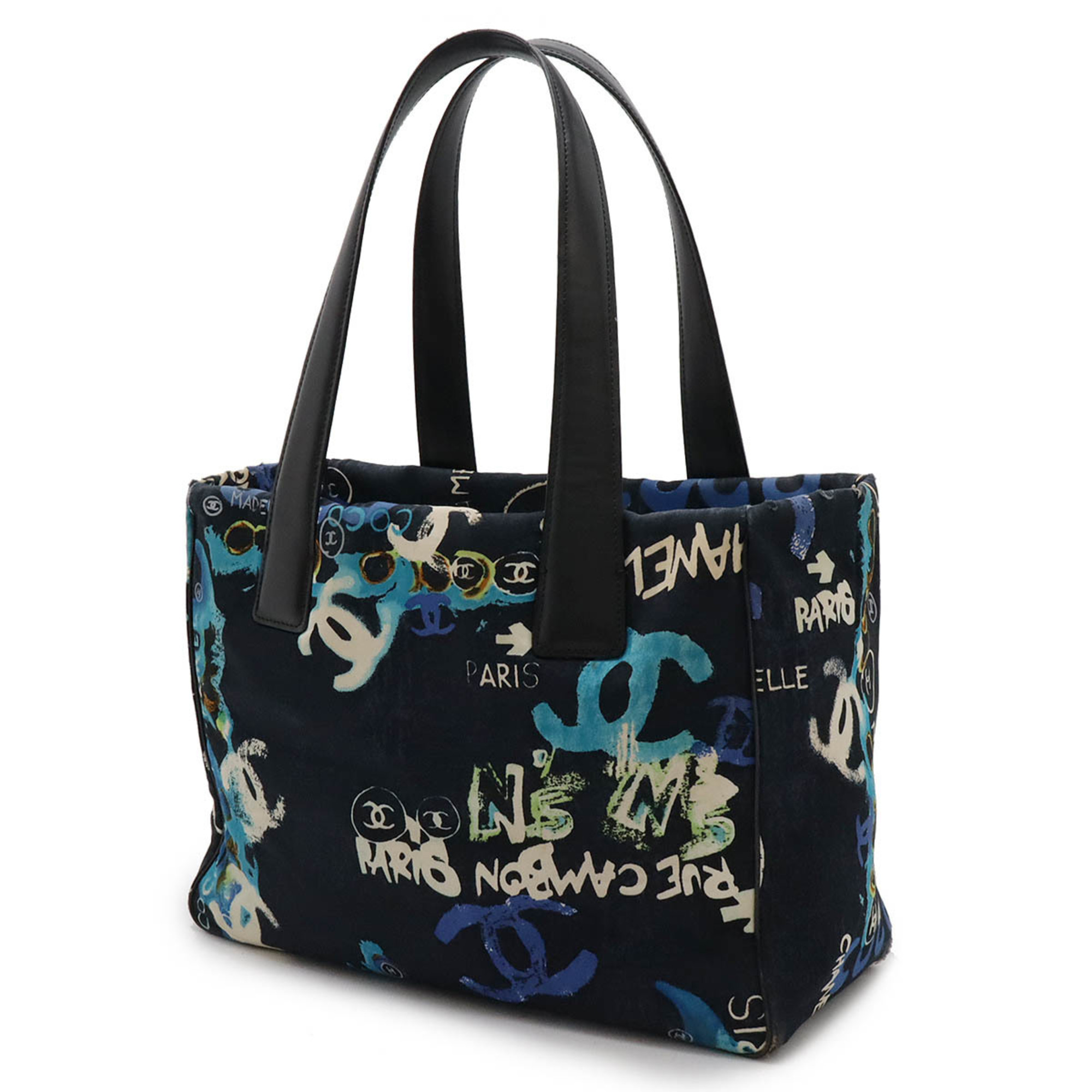 CHANEL New Travel Line Tote PM Bag Cotton Leather Black Blue Multi Hawaii Exclusive