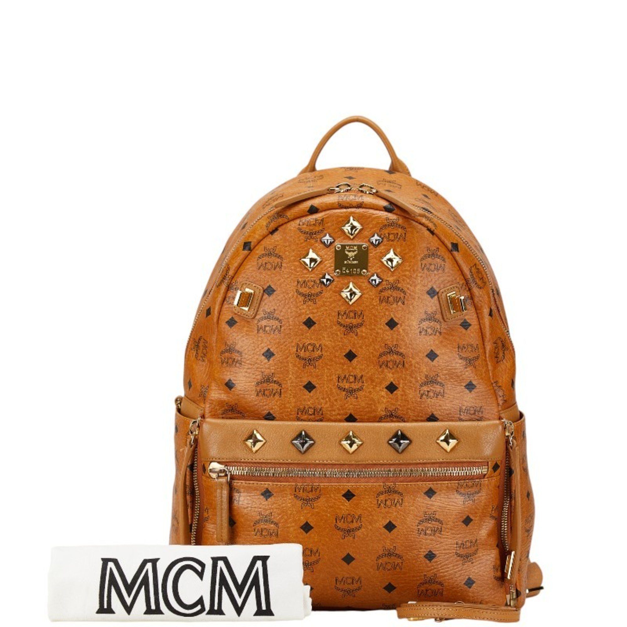 MCM Visetos Studded Backpack Shoulder Bag Brown Leather Women's