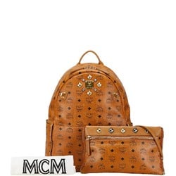 MCM Visetos Studded Backpack Shoulder Bag Brown Leather Women's