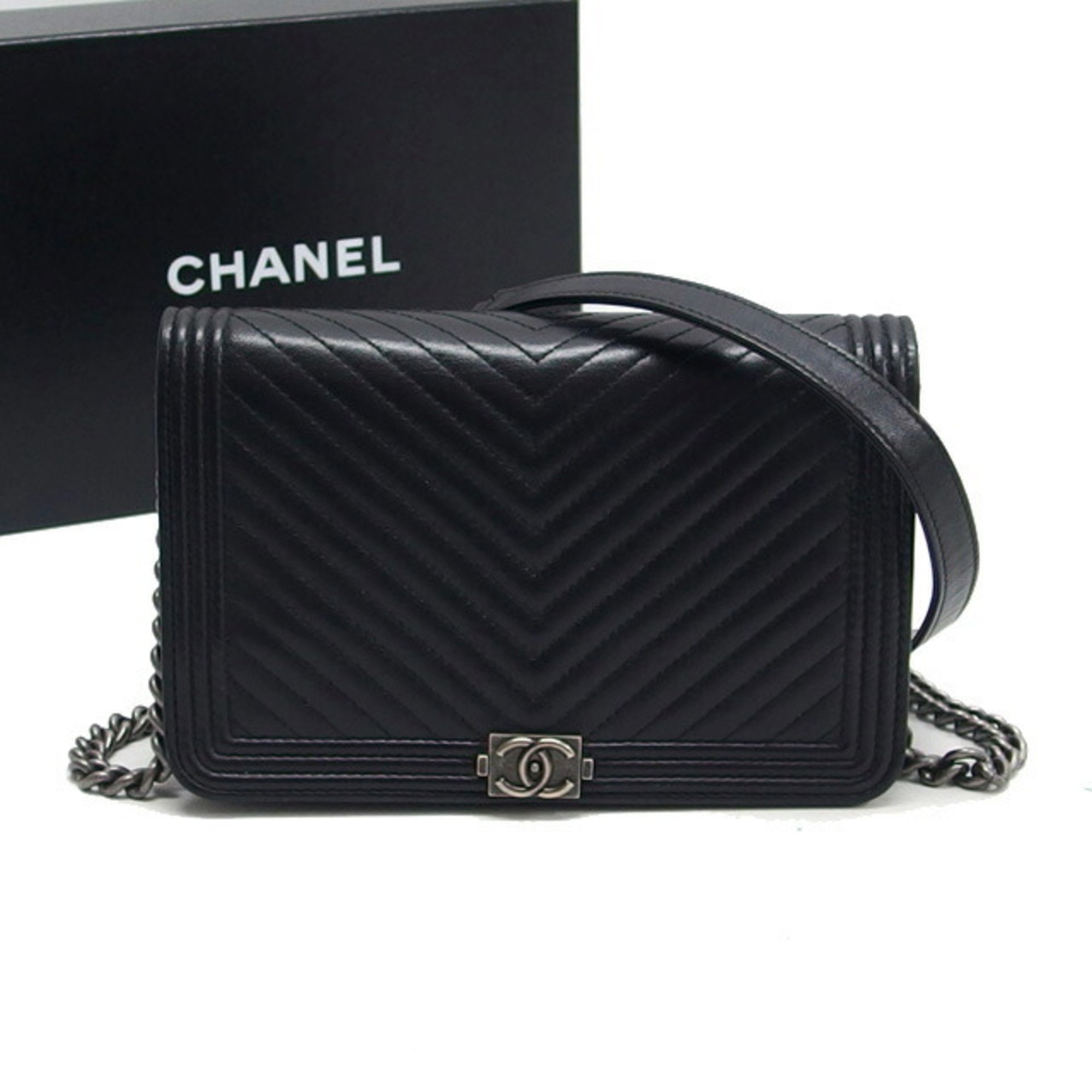 Chanel Boy Chevron Stitch Chain Wallet Black