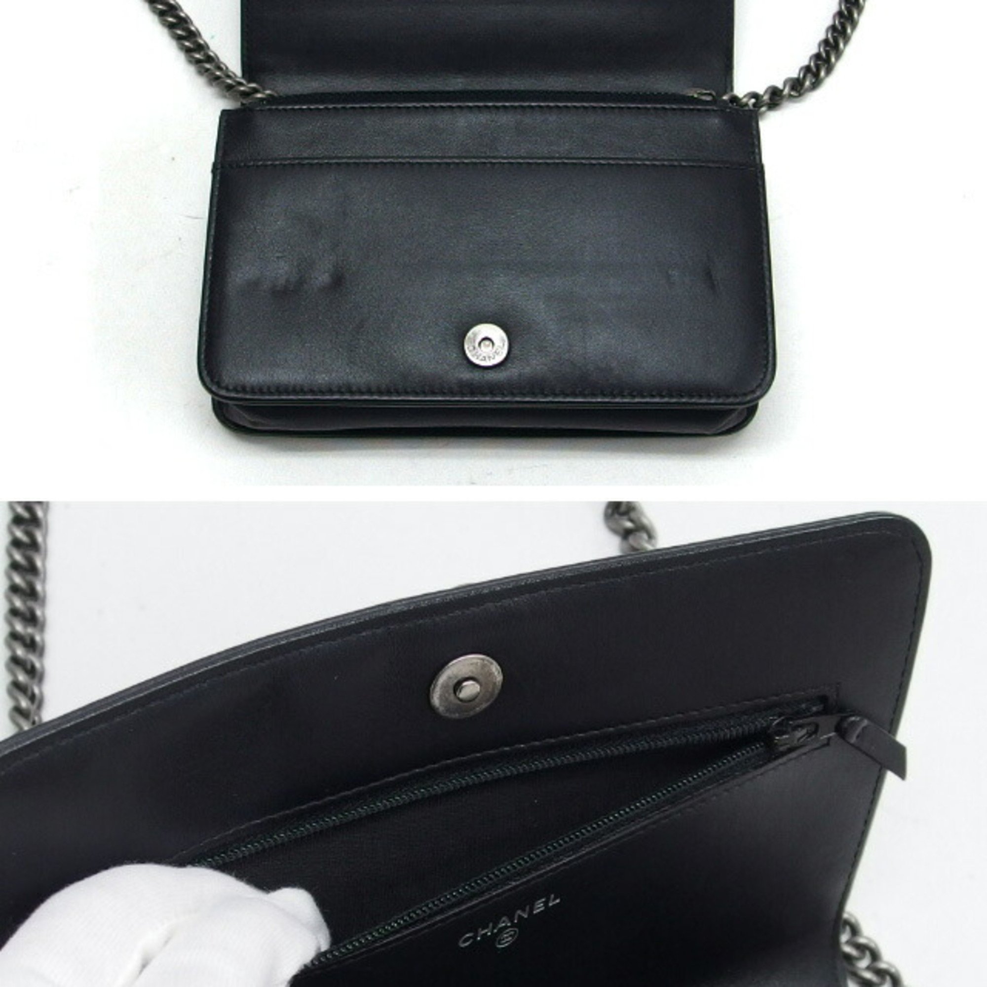 Chanel Boy Chevron Stitch Chain Wallet Black