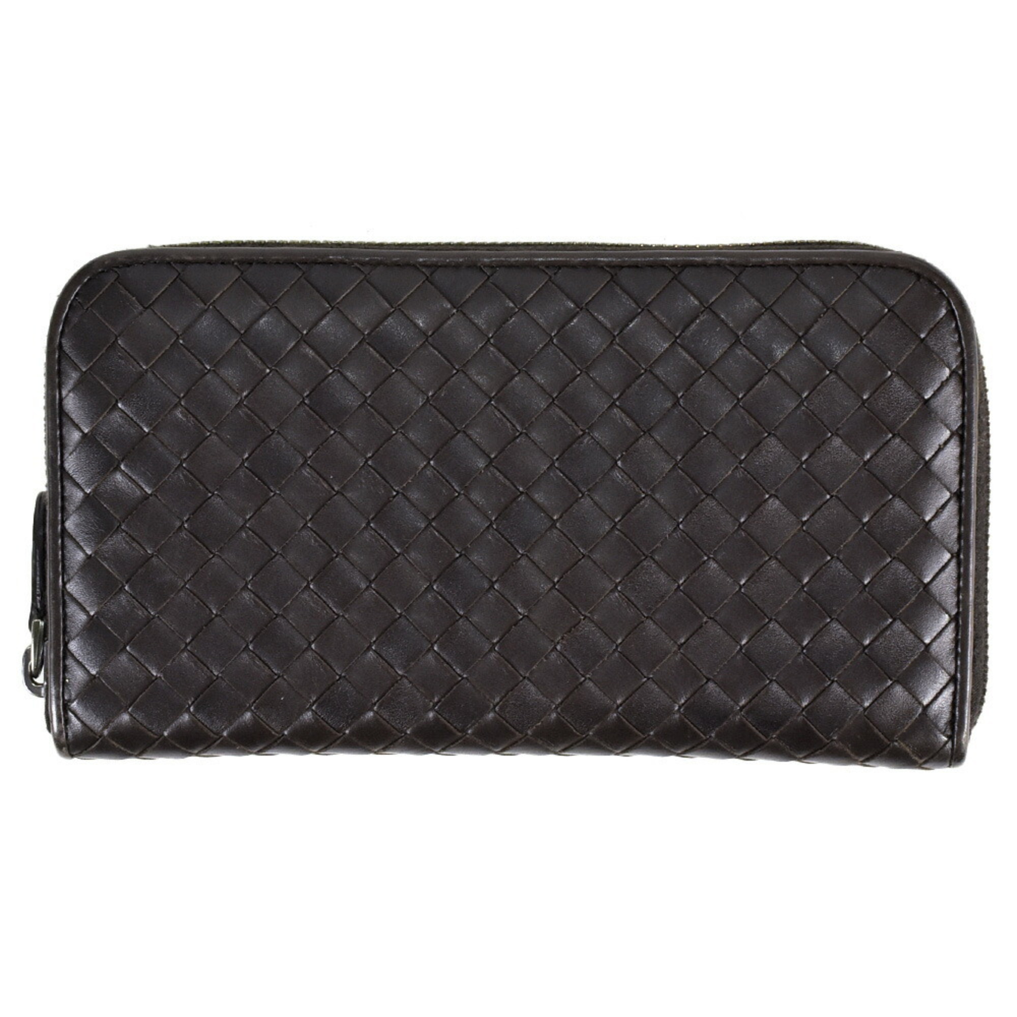 BOTTEGA VENETA Intrecciato Round Leather Dark Brown Long Wallet