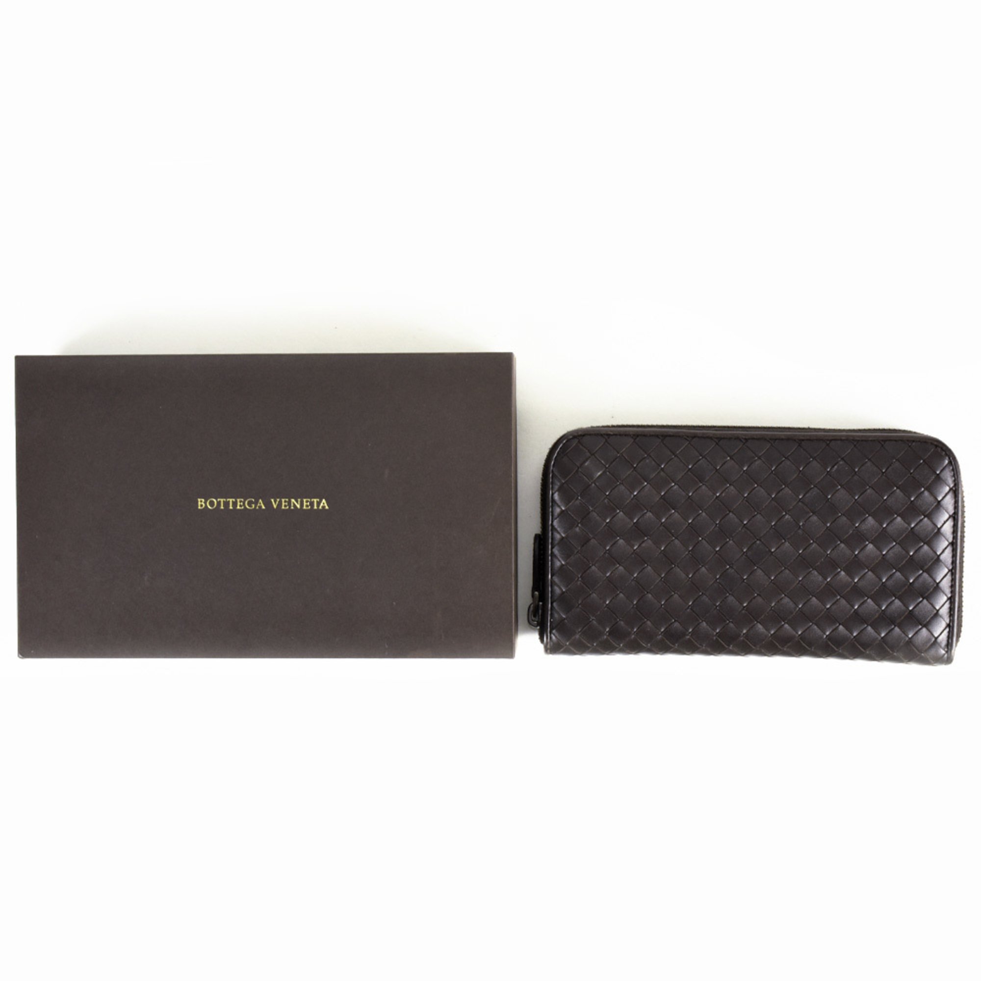 BOTTEGA VENETA Intrecciato Round Leather Dark Brown Long Wallet