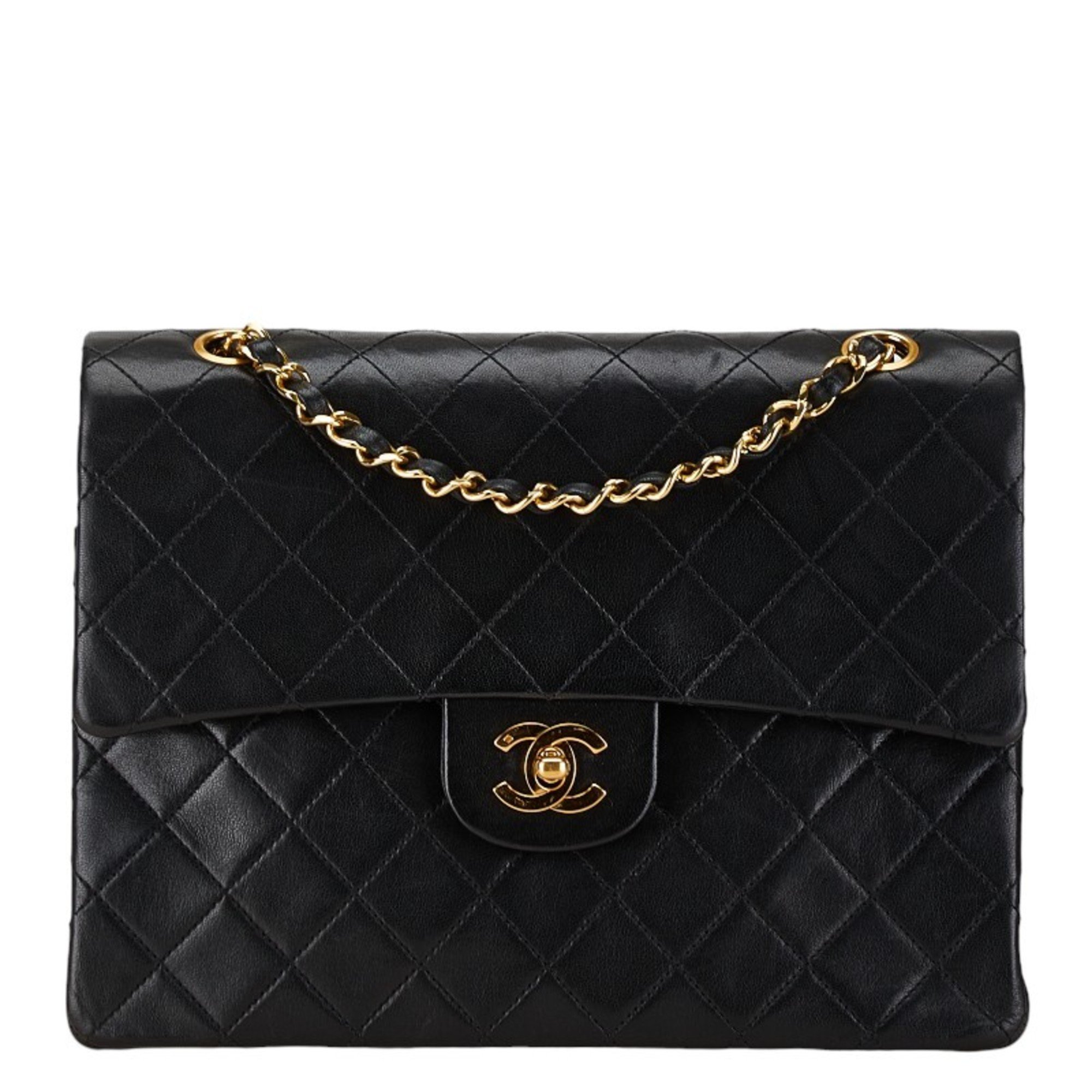 Chanel Matelasse 25 Coco Mark Double Flap Handbag Chain Shoulder Bag Black Lambskin Women's CHANEL