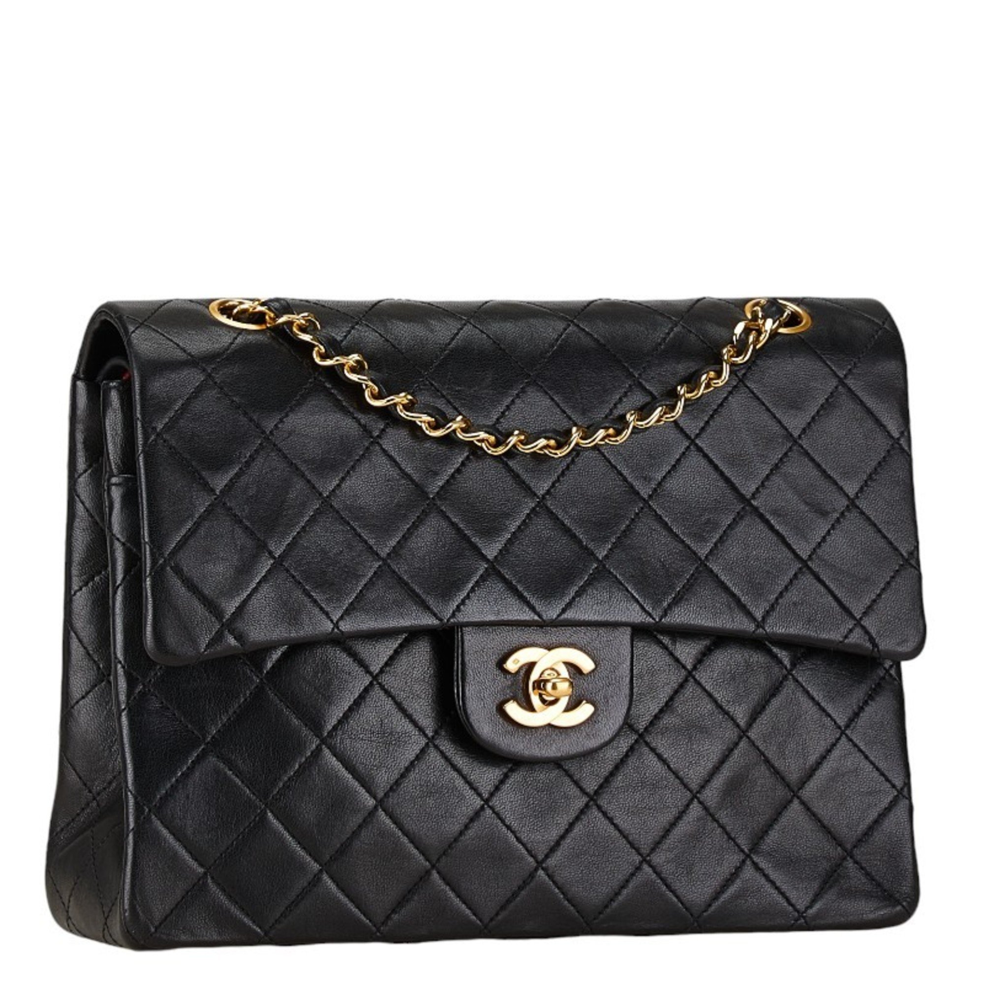 Chanel Matelasse 25 Coco Mark Double Flap Handbag Chain Shoulder Bag Black Lambskin Women's CHANEL