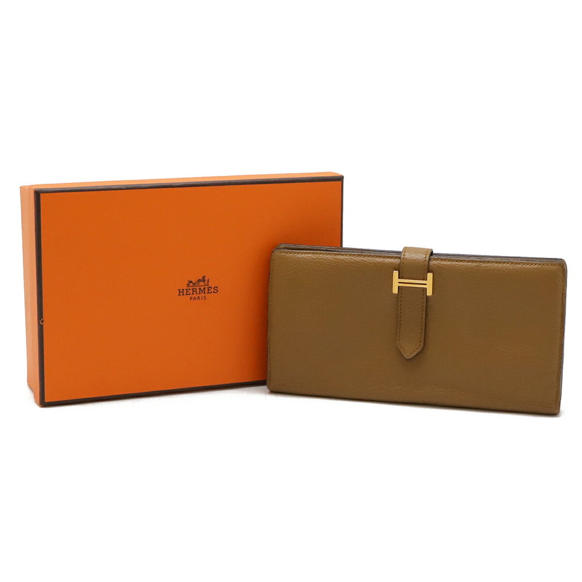 HERMES Bearn Soufflet Bi-fold Long Wallet Chevre Leather Light Camel D Engraved