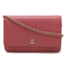 CHANEL Camellia Chain Wallet Shoulder Bag Pochette Lambskin Leather Pink 7421