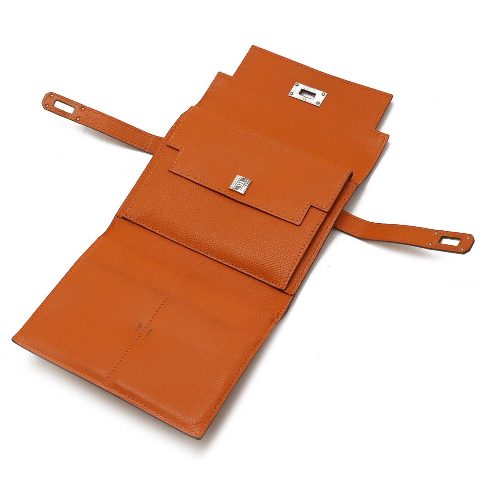 HERMES Kelly Wallet Compact Tri-fold Epsom Leather Orange K Stamp