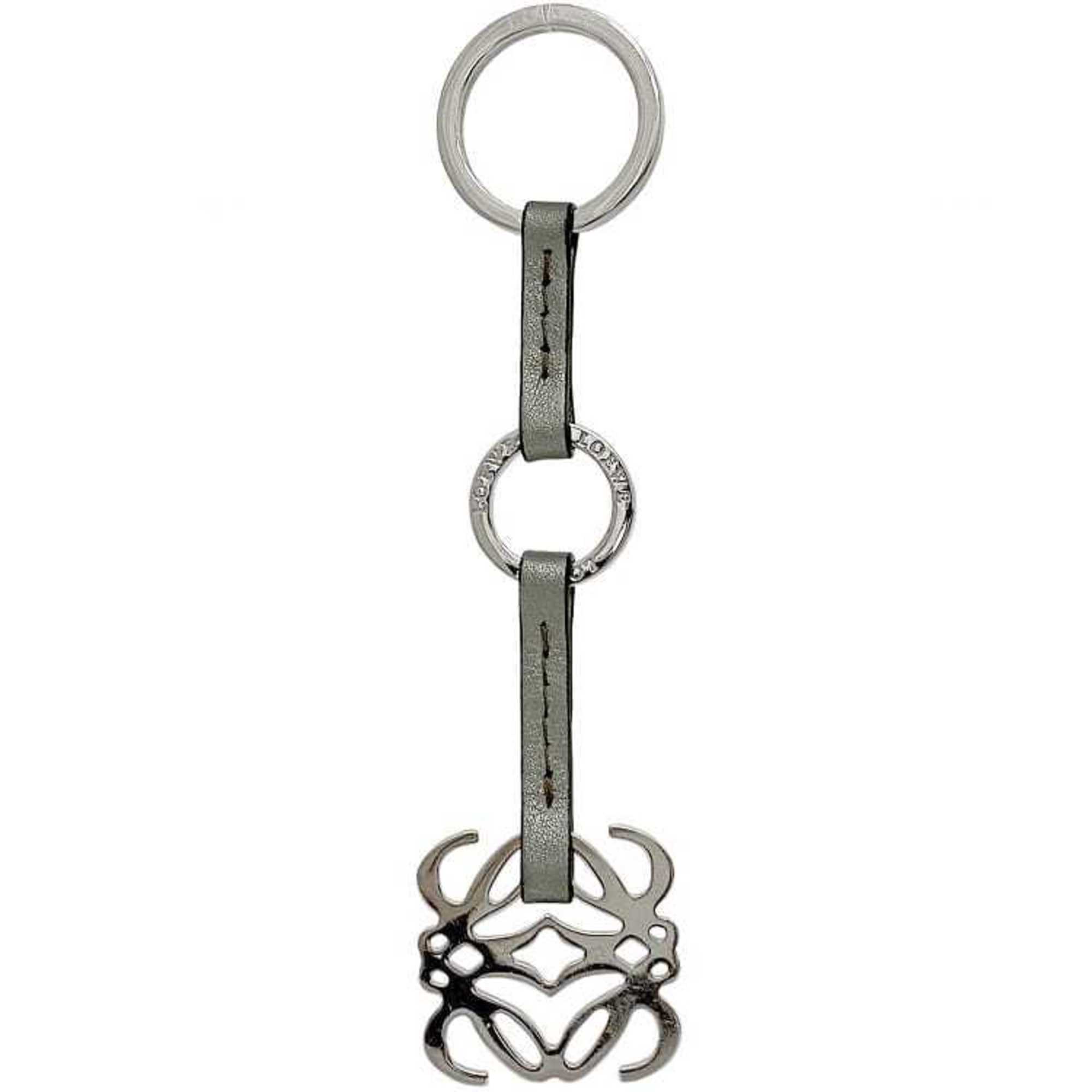 LOEWE Key Ring f-21186 Silver Green Anagram Leather Metal Holder Bag Charm Women's