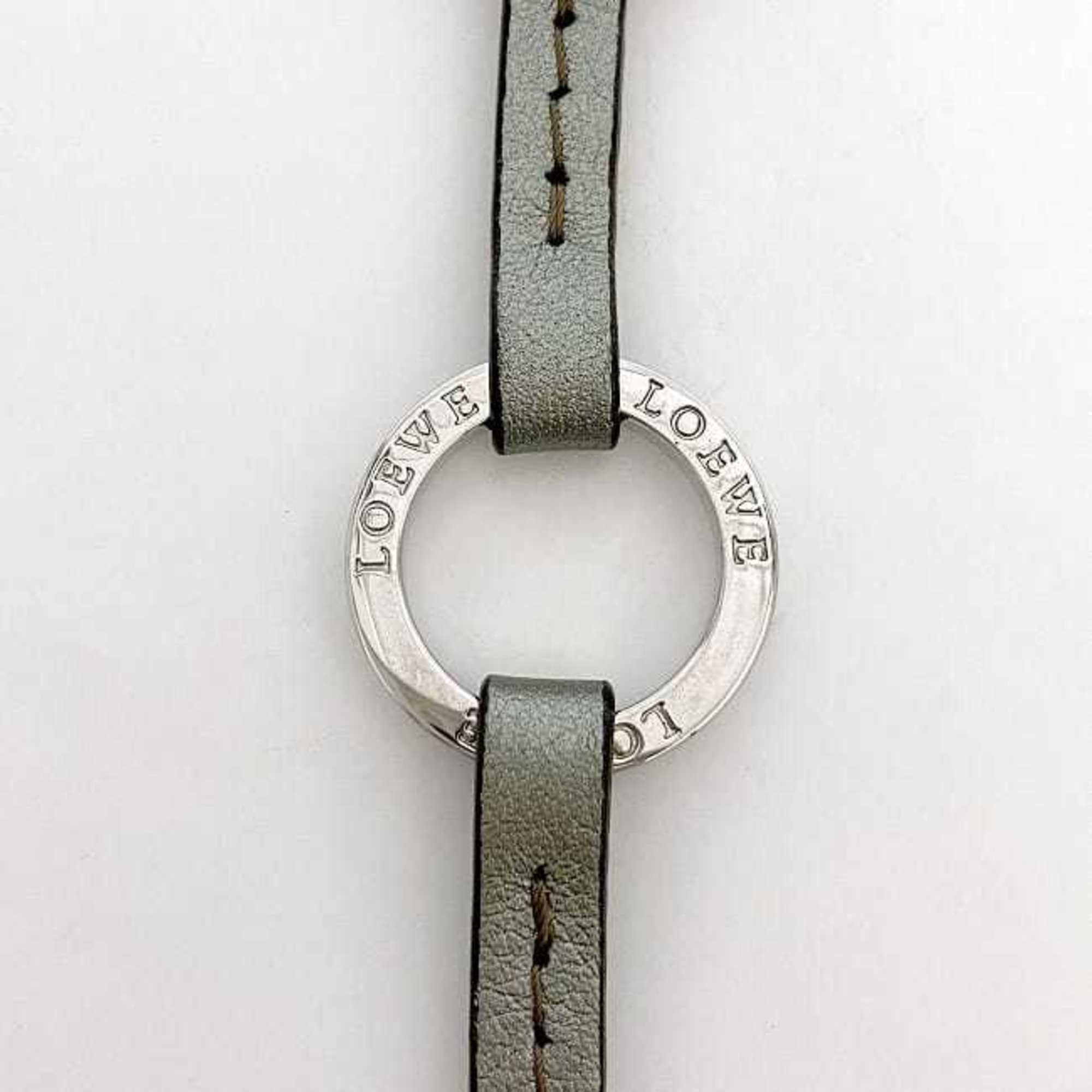 LOEWE Key Ring f-21186 Silver Green Anagram Leather Metal Holder Bag Charm Women's